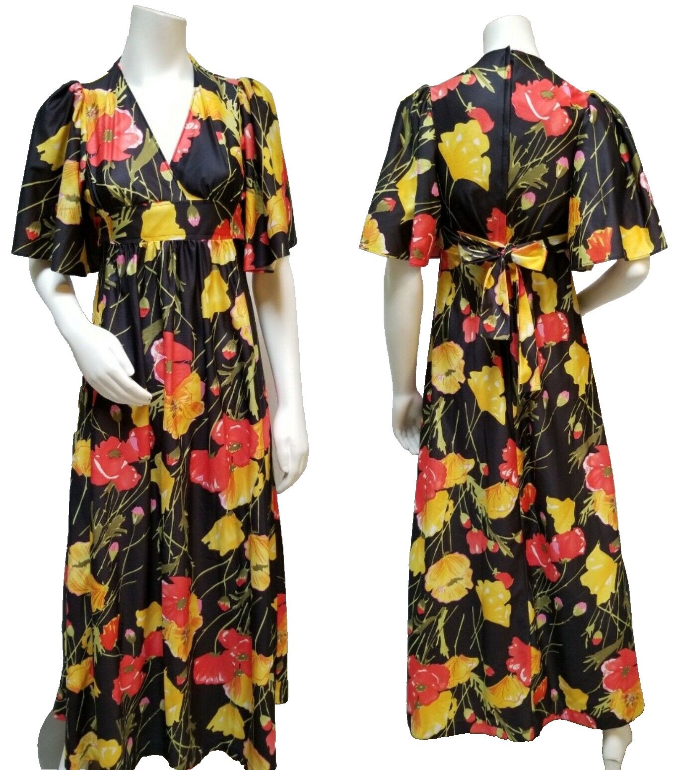 Vintage 70s Black Floral Print Empire Waist Maxi Dress Butterfly Sleeve – Size S