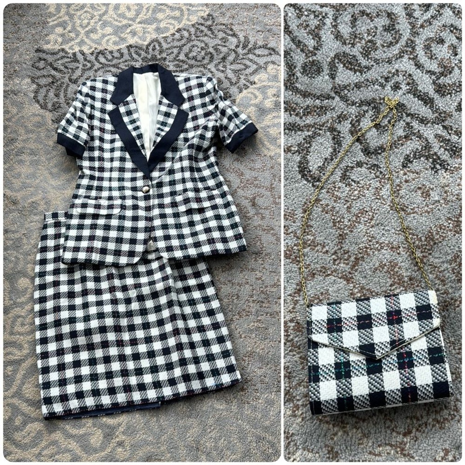 Vintage Rafael Linen Blend Plaid Skirt, Blazer & Purse Set Black White 16