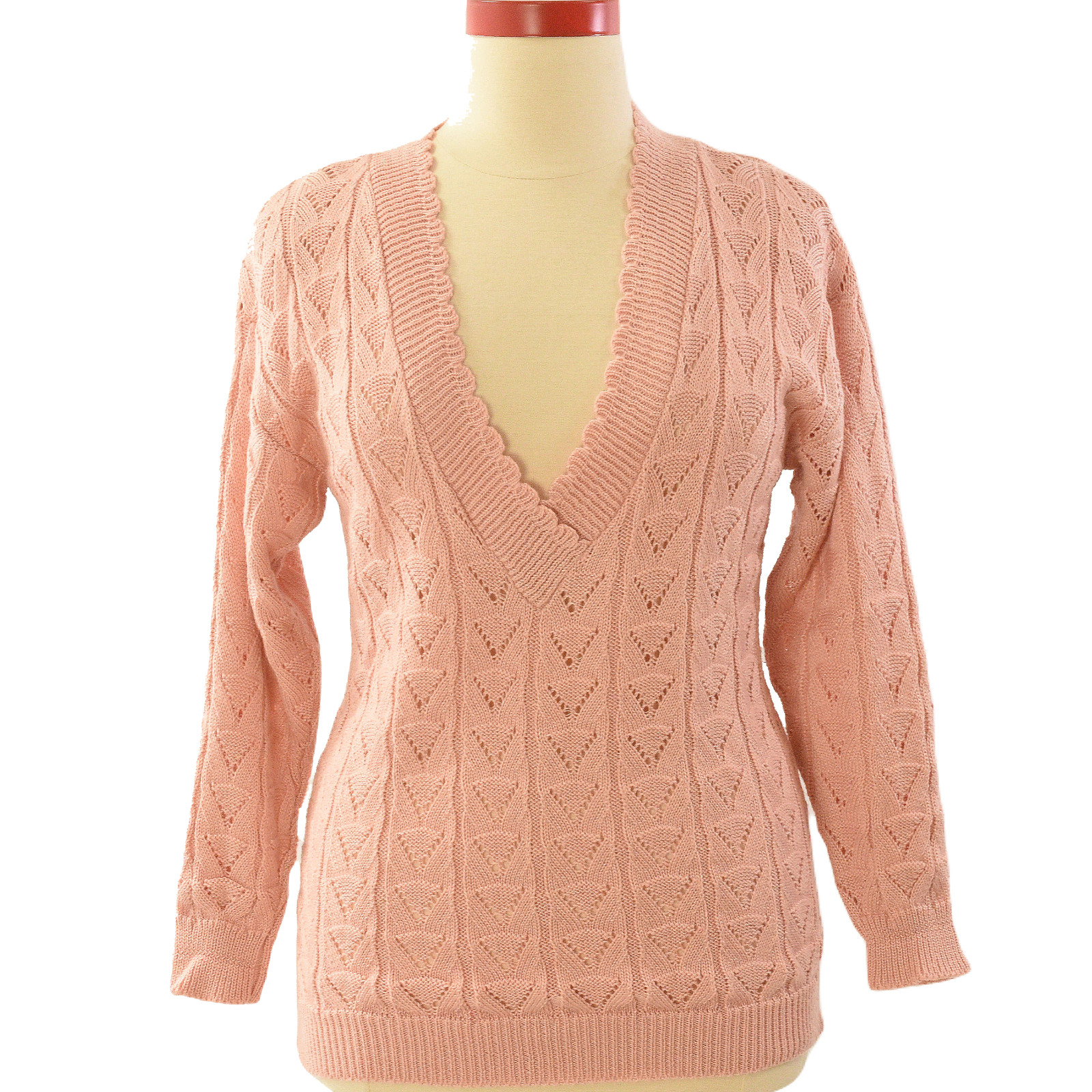 70s Vintage Pink Pointelle Knit Deep V Neck Sweater Womens L Long Pastel Tunic
