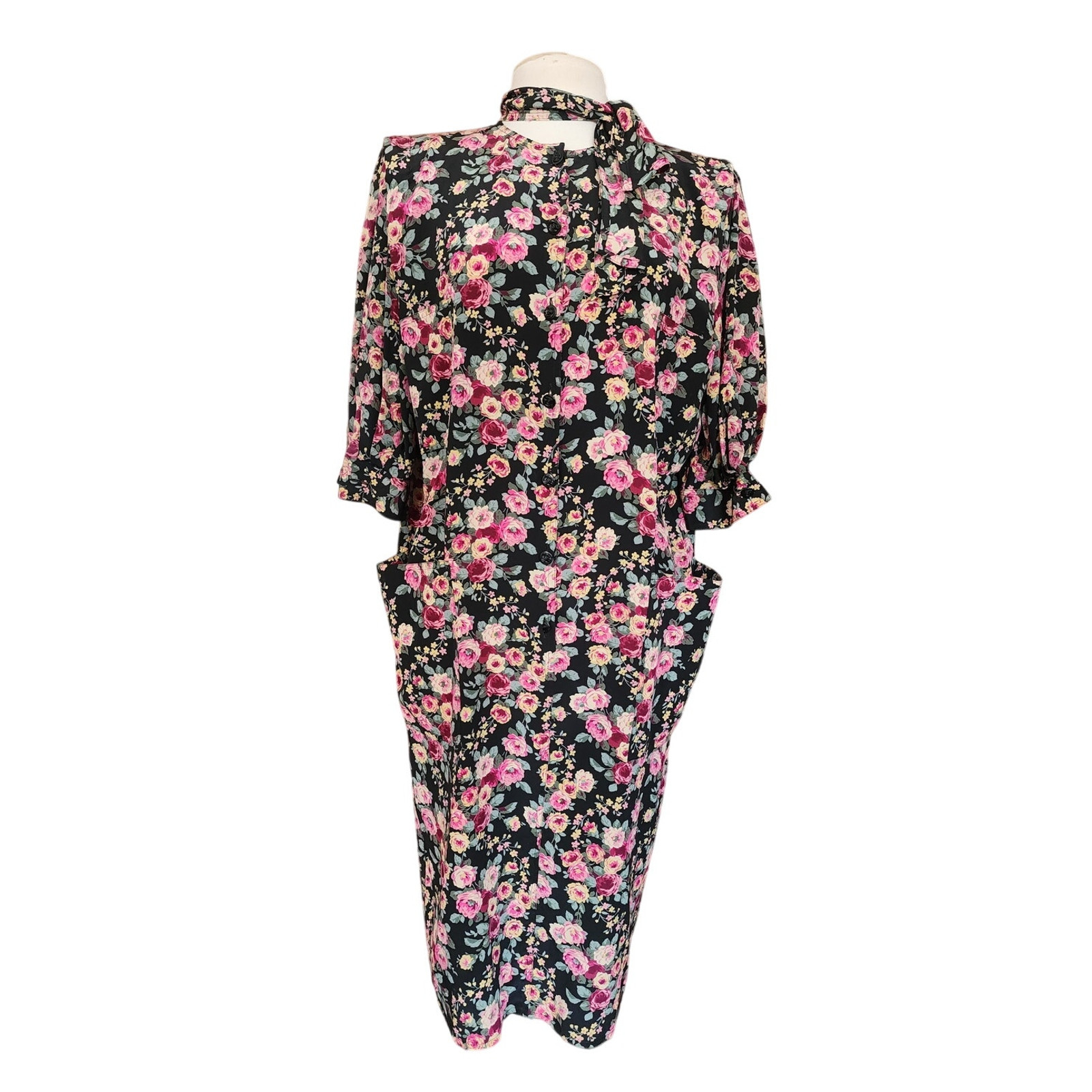 Vintage 1980s UNGARO Silk Floral Print Dress Necktie Sash Button Down Front