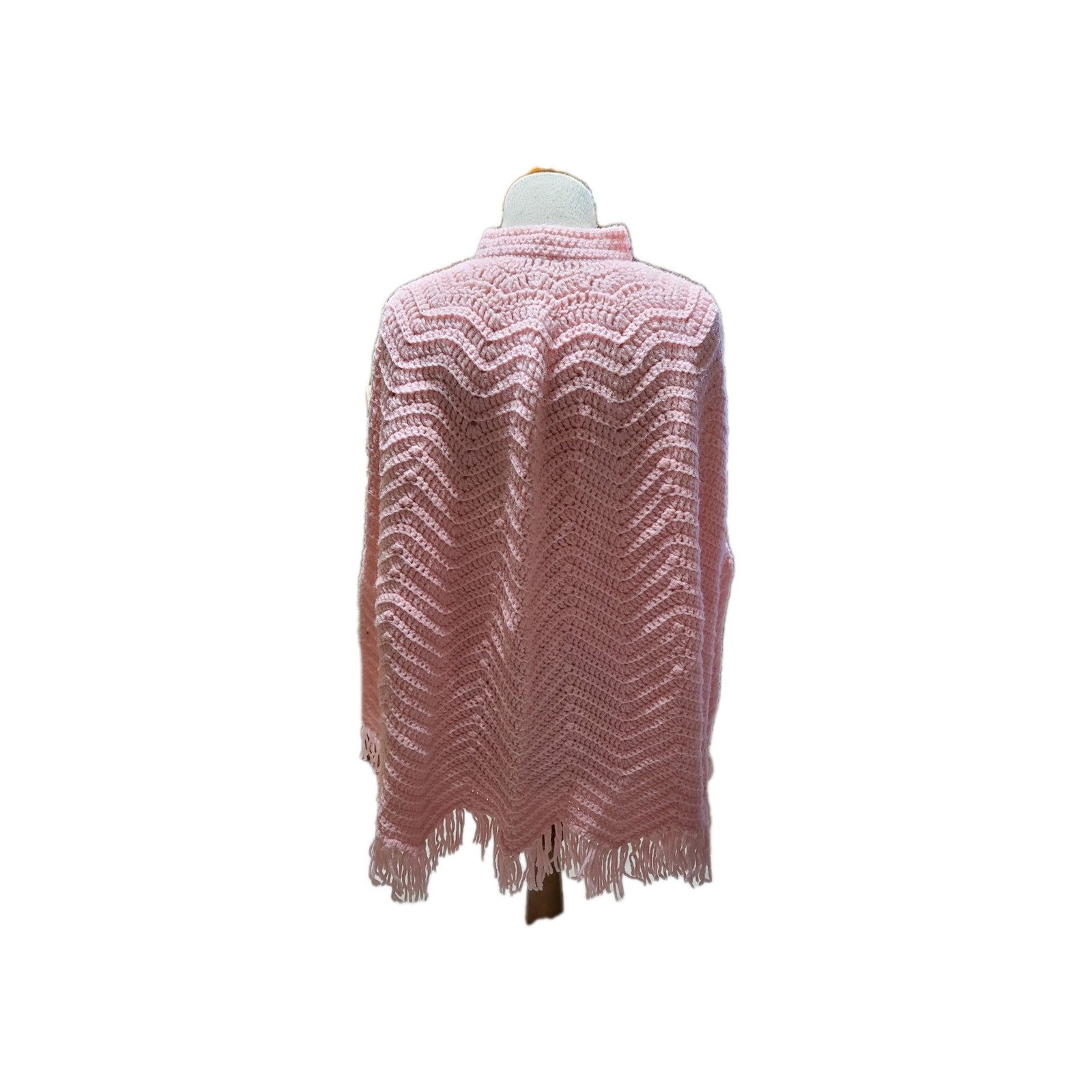Pink Crochet Cape W/Fringe Button Front Handmade Vtg OSFM Cottage Core