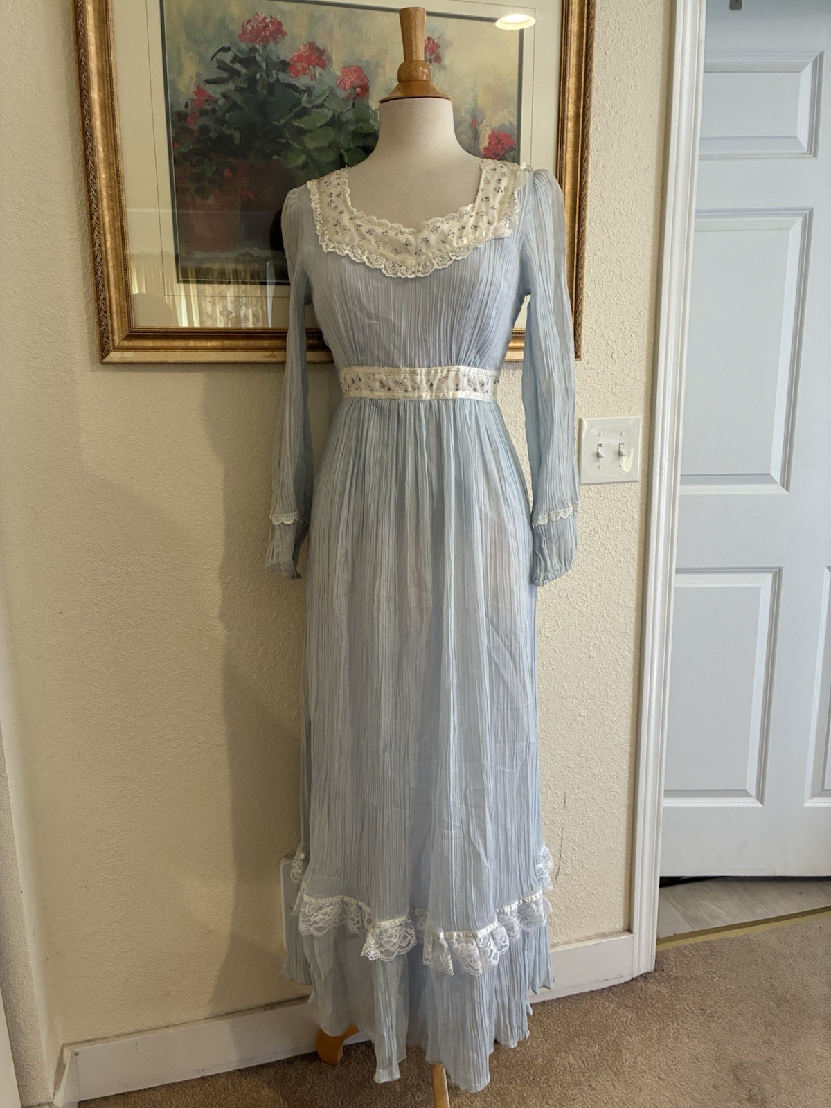 Vtg 60s70s Pale Blue Peasant Maxi Dress