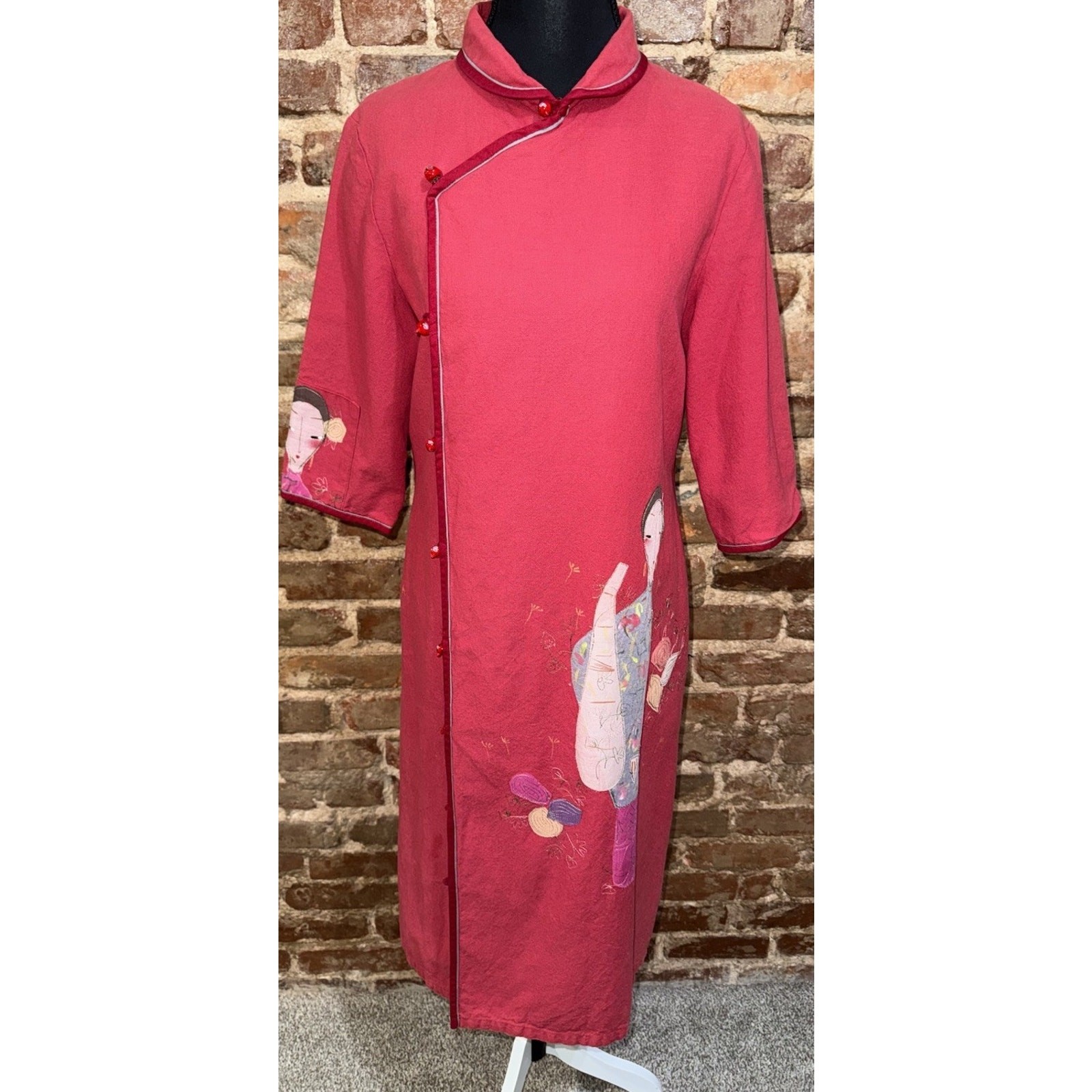 Artisan Red Asian Style Cheongsam Dress Hand Painted Lined Applique 90’s EUC