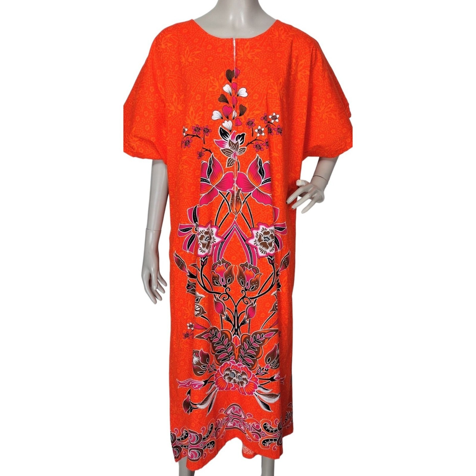 Hawaiian 90s Vintage Zip-Front Batik Orange Floral Muumuu Dress OSFM NWOT