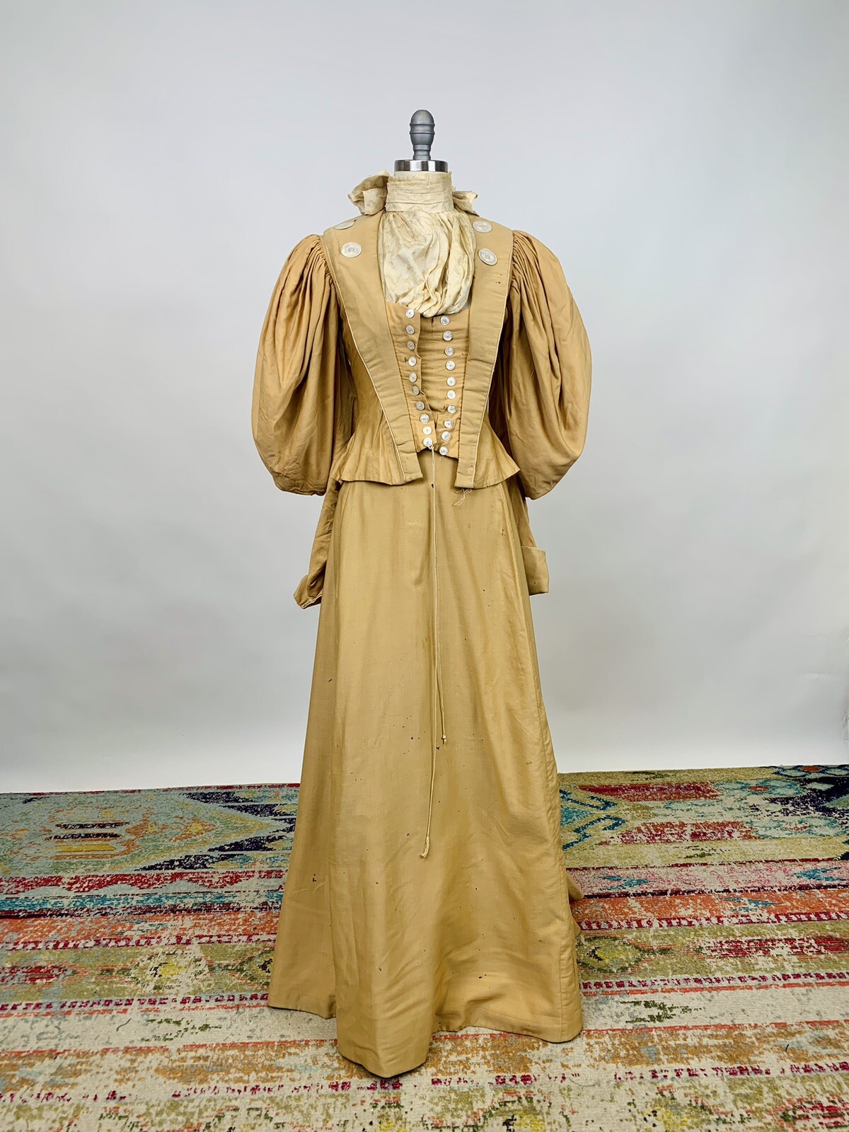 Antique Victorian 1890s Bodice & Skirt Set Tan Silk Leg of Mutton Sleeve AS IS