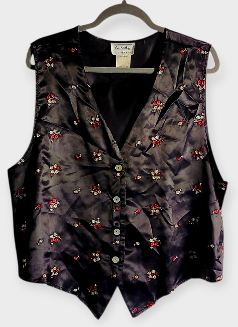 Anxiety Women’s Vintage Vest Sz 14/16 Black Floral Back USA Made 100% Acetate