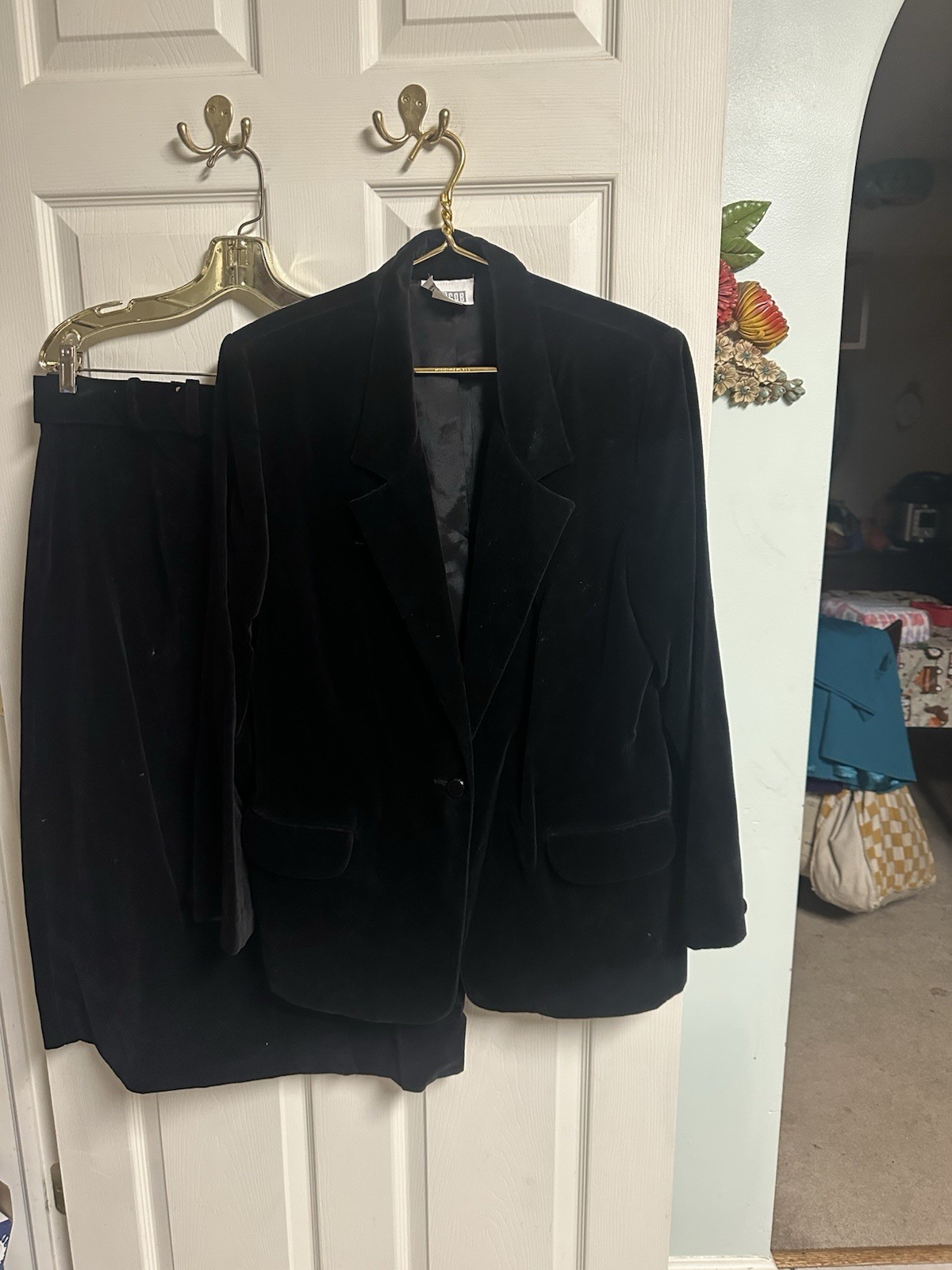 90s Skirt Suit Jacket 2pc Set Black Cotton Velvet Faux Suede Y2K XL 42 W 32×32