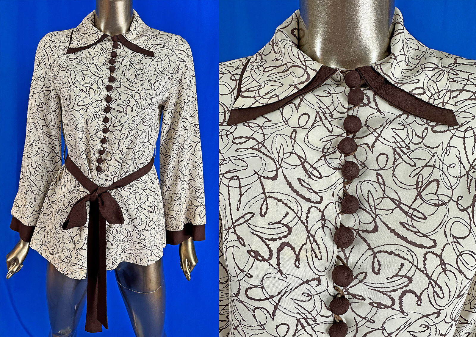 Vintage Creplo Rayon Brown White Swirl Squiggle Print Belted Blouse Smock Top