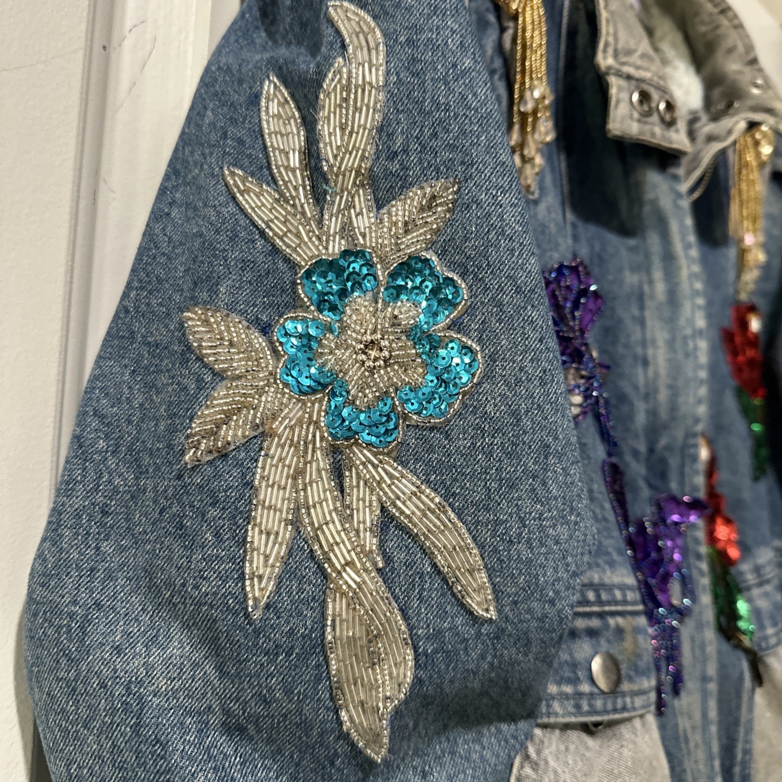 Vtg Mod Maid Denim Jacket Texas Bluebonnet Beaded Gold Fringe Western Cowgirl L