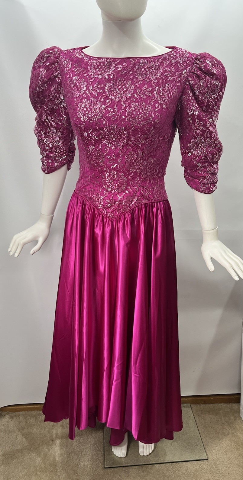 Vtg 80s Hot Pink Satin Dress 3 Bow Back Rhinestone Metallic Lace Prom Formal 10
