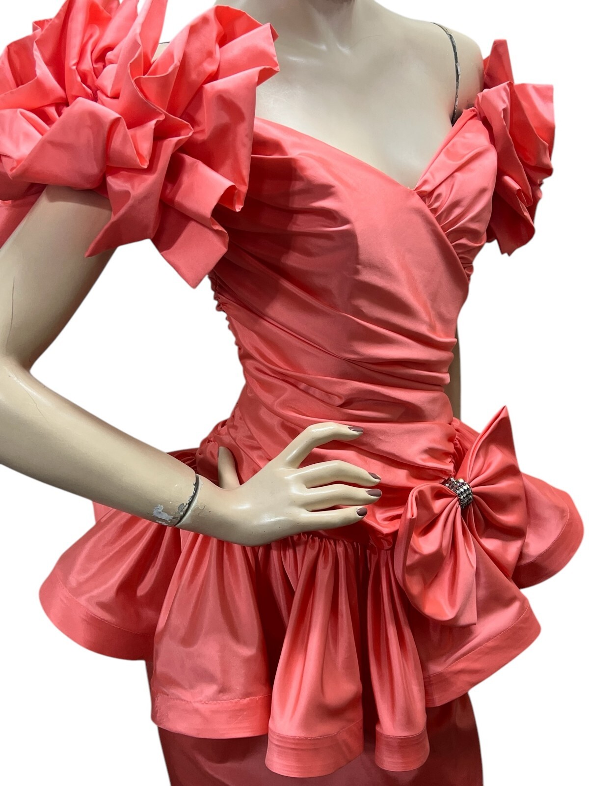 Vtg 80s Sz 4 Coral Party/Prom Mini Dress Karen Lucas Niki USA Big Bow Peplum