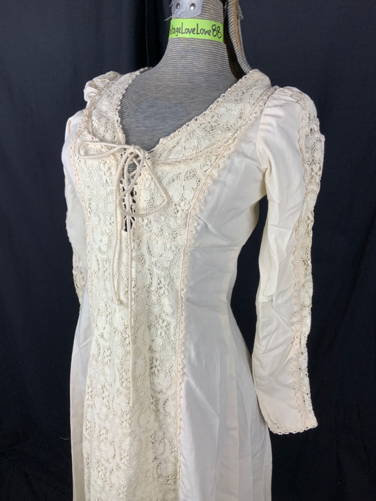 GUNNE SAX BY JESSICA Vtg 60s Ivory Lace Prairie BLACK LABEL Dress-Bust 33/2XS
