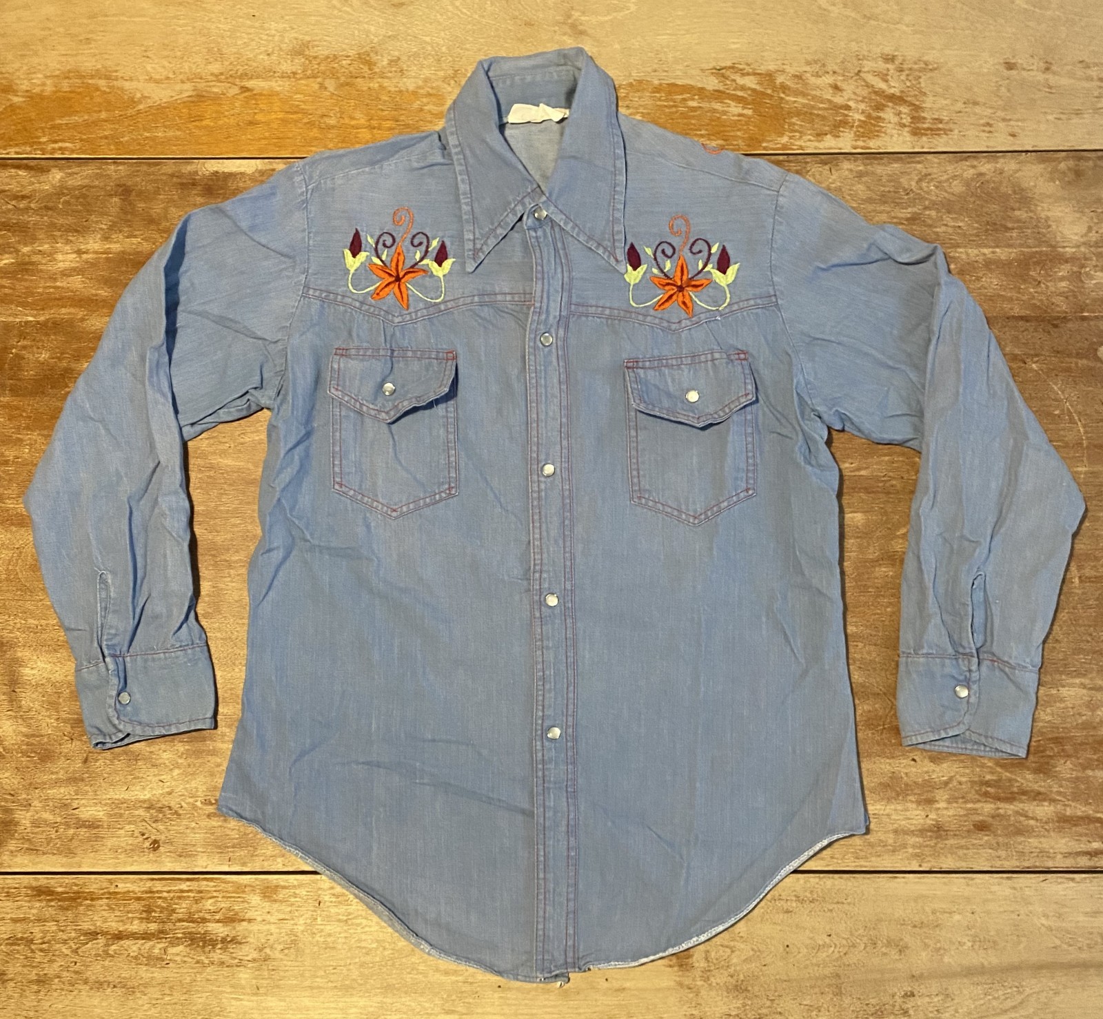 Vintage denim pearl snap button up with embroidery