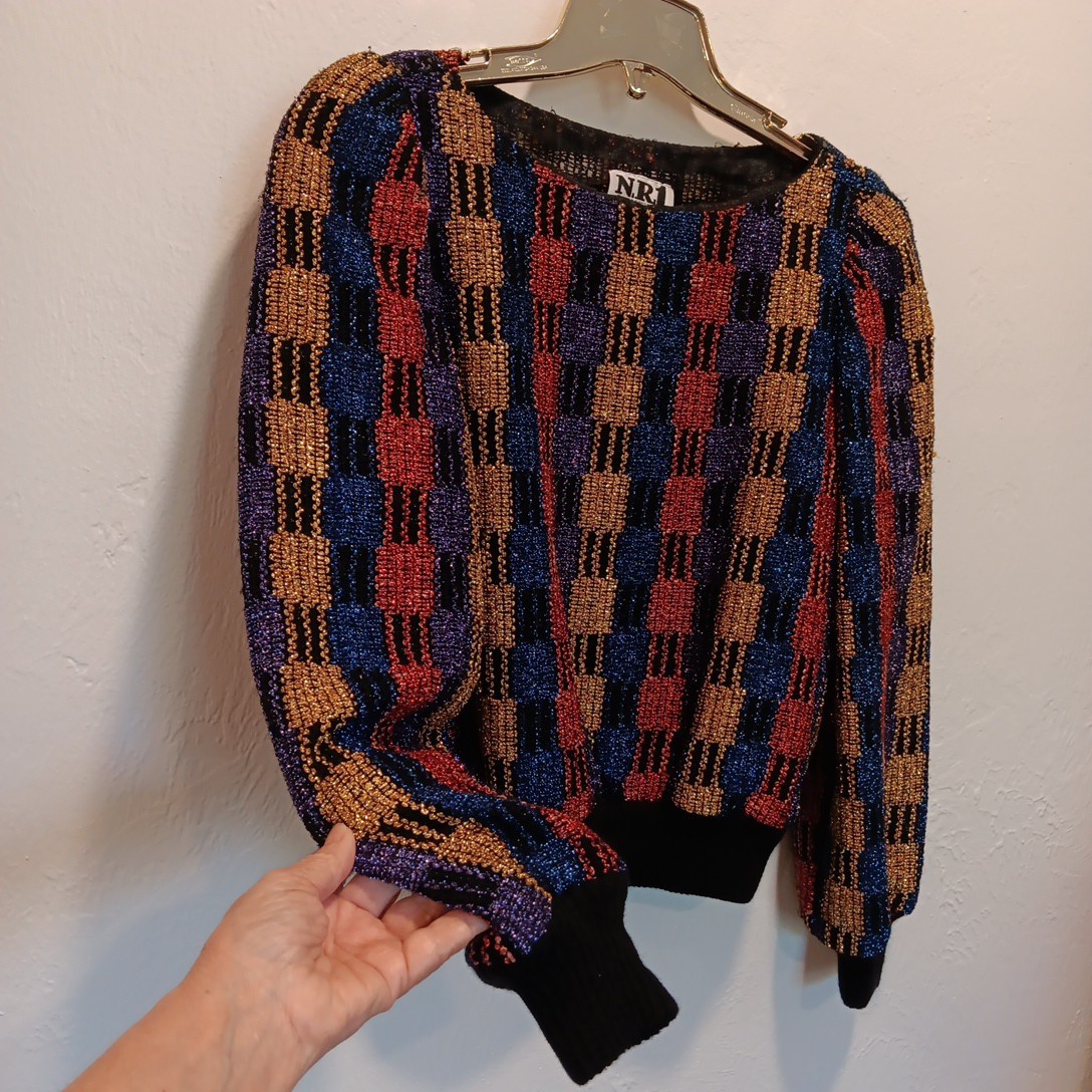 Vintage Ned Gould NR1 Sz S* Shiny Holiday Multicolor Art Deco Block Longsleeve