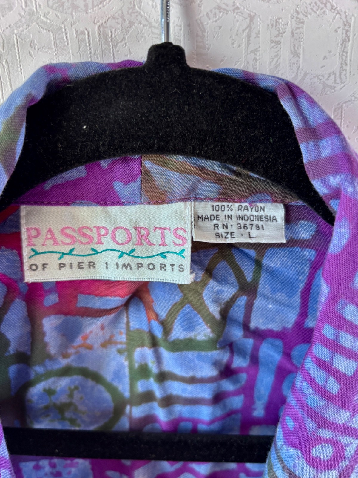 VTG 80’S BOHO PASSPORTS PIER ONE PURPLE BLUE BATIK PRINT WRAP TOP JACKET*S/M