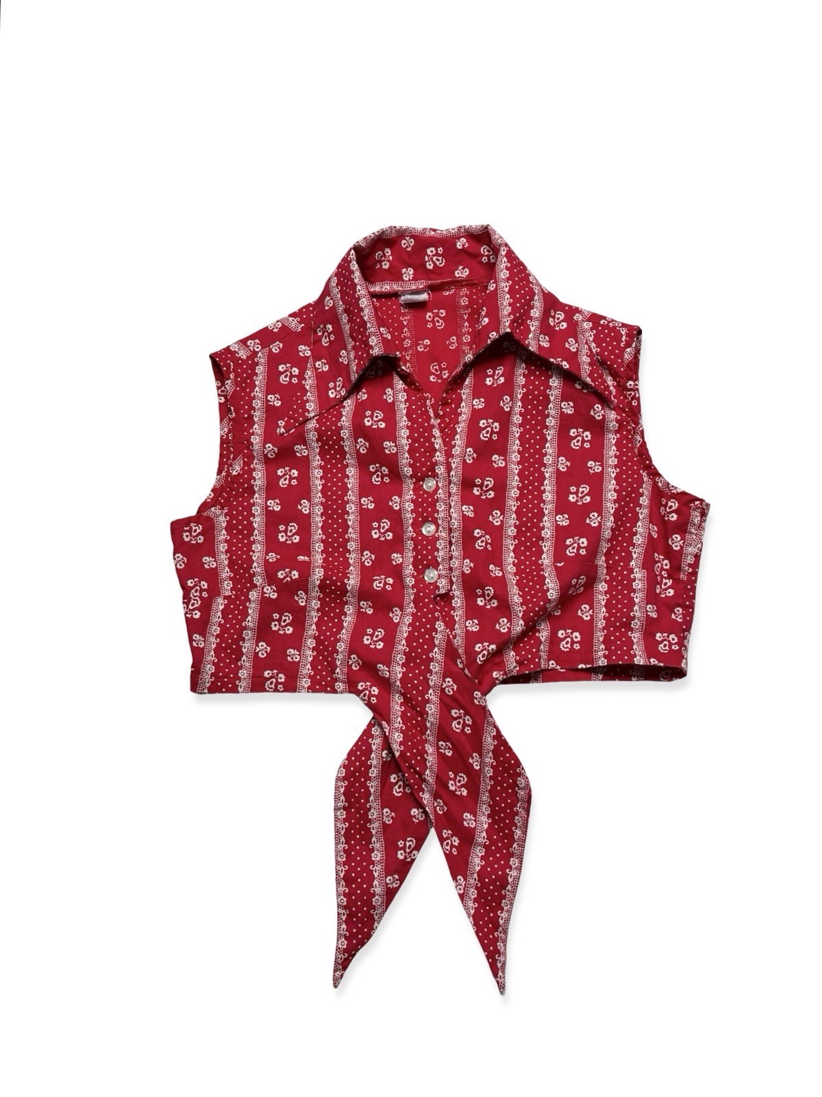 Vintage 70s Women’s Red Floral Tie Waist Dagger Collar Crop Top Western Cowgirl