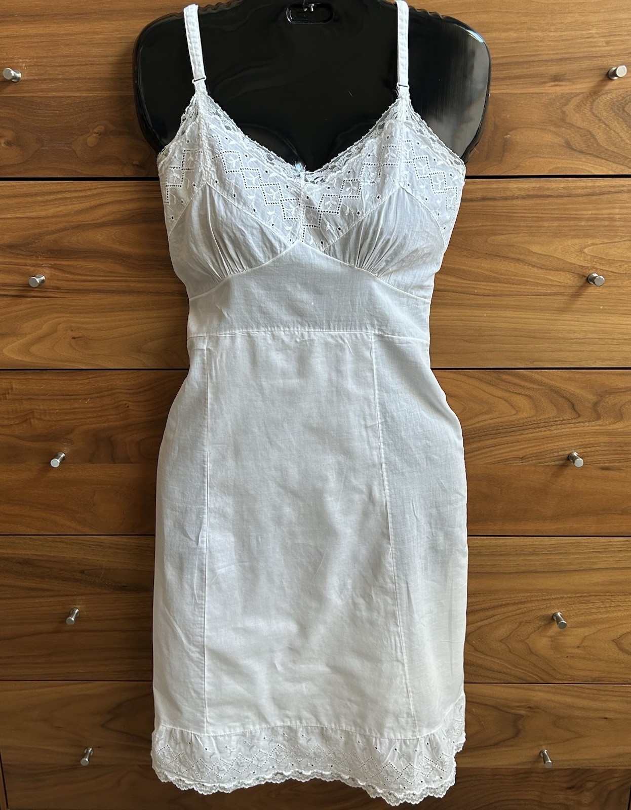Vintage 70s 80s White Cotton Eyelet Nightgown Slip Dress Cottagecore Sundress Sm