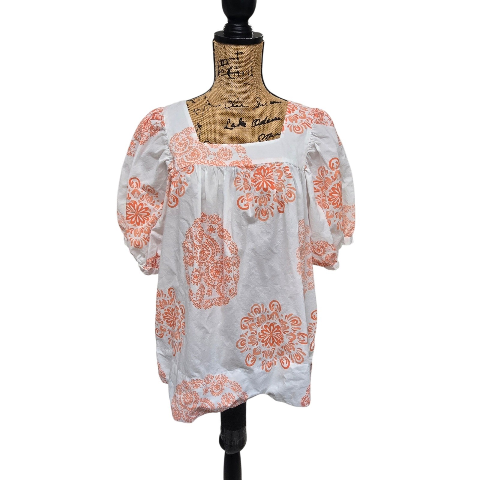 Vtg Petals Puff Sleeve Orange On White Floral Print Square Neck Top Cotton Sz XL