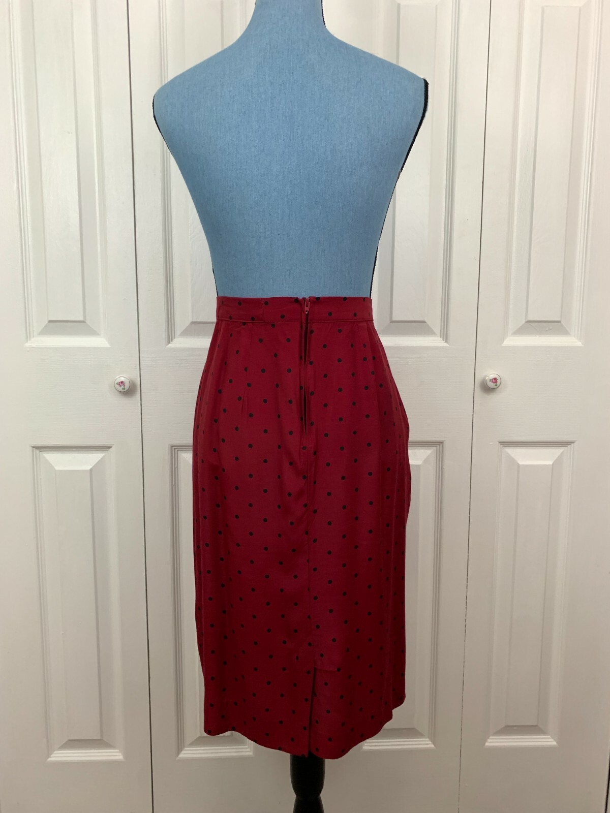 Vintage 1980’s 1990’s Tulip Skirt Burgundy Black Polka Dot Knee Length 28″