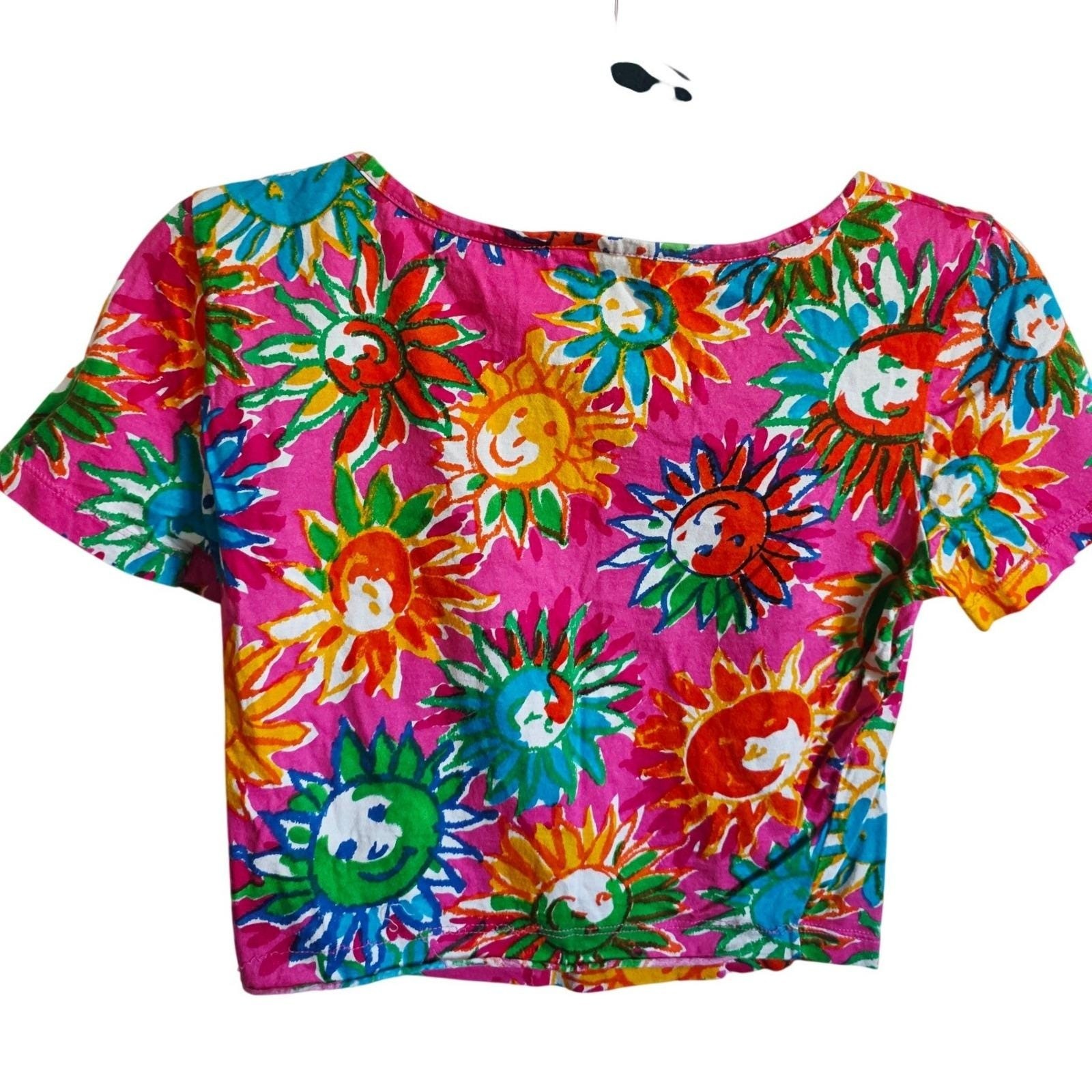 Vintage United Colors of Benetton M Sun Print Crop Top Pink Multi Made in Italy