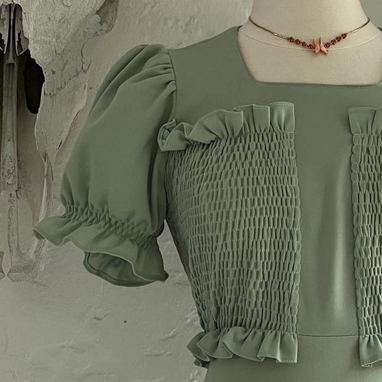 Vintage 1970s Green Olive Mint Long Maxi Dress Prairie Hippie Cottage Core Dress