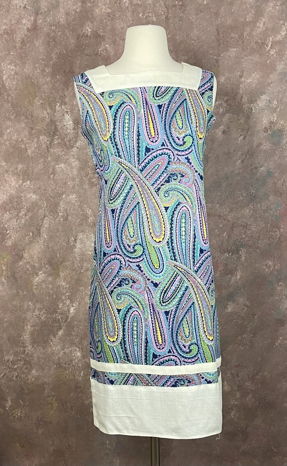 Paisley Shift Dress Vintage 1960s XS Sleeveless Blue Purple Yellow Handmade