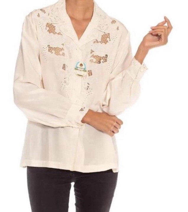 NWT VINTAGE 100% SILK BLOUSE Hand Embroidered Eyelet Victorian Cottagecore Top