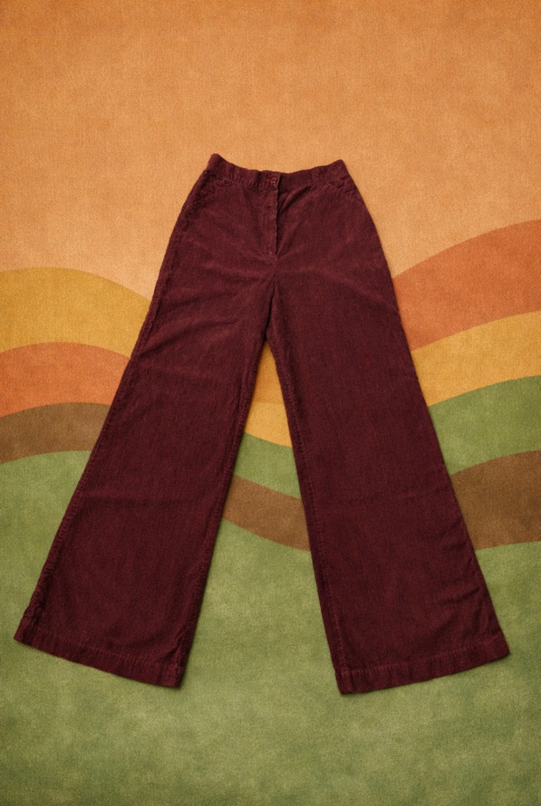 Vintage 1970s Burgundy Corduroy Bellbottoms • De Lai San Francisco • High Rise