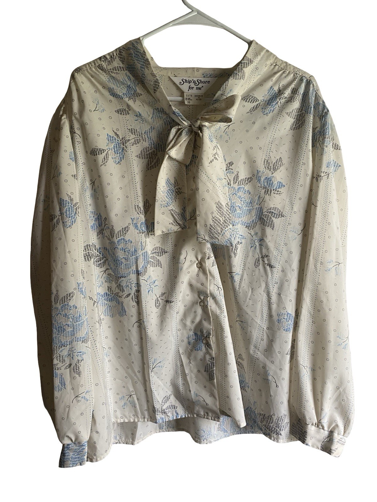 Vintage Ship ’n Shore Ivory/Blue Floral Tie Neck Blouse Size 38-M/L 80s 90s