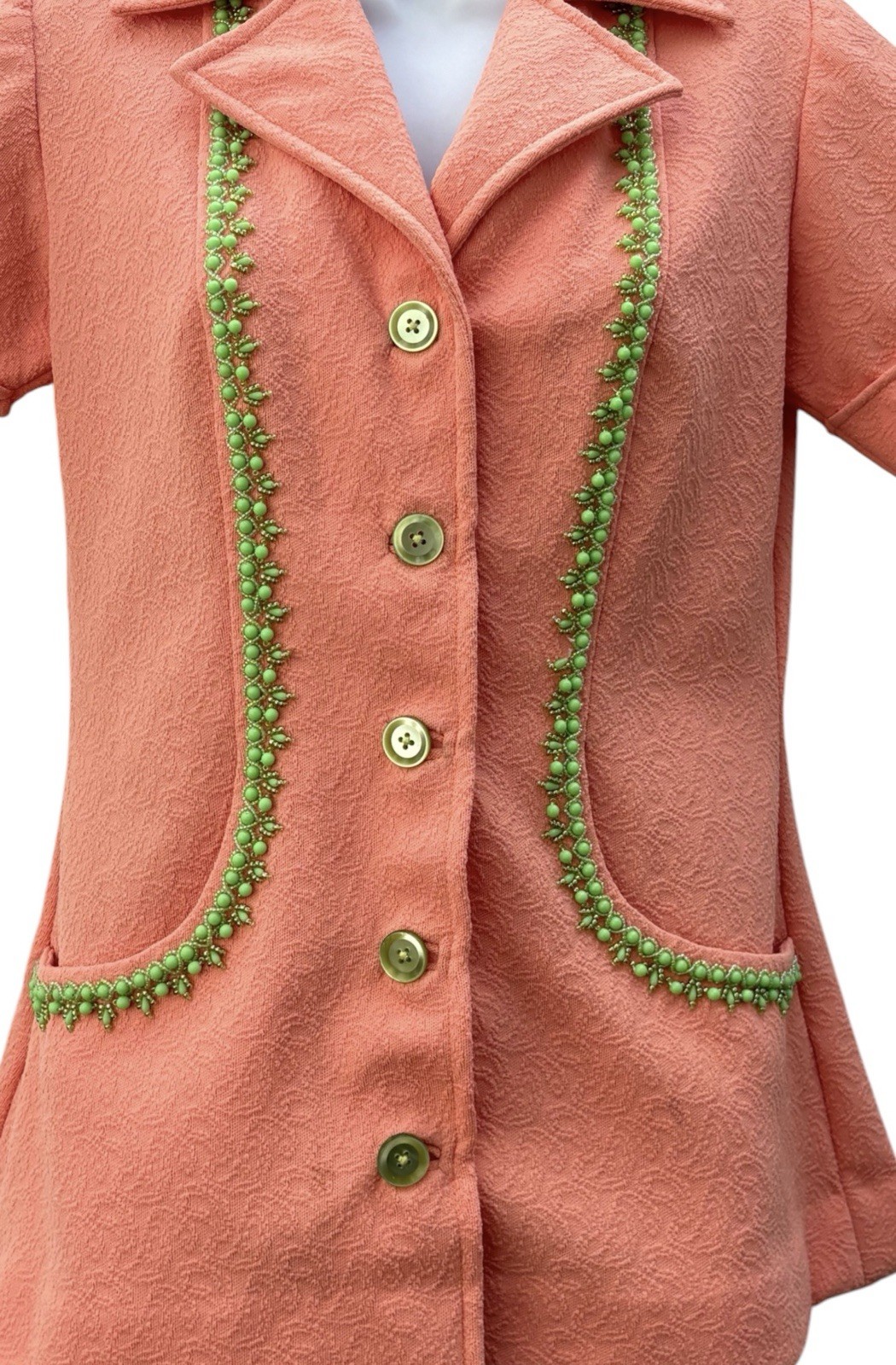 Vintage 70s Coral Beaded Jacket, Mrs Roper Style Polyester Knit Top S/M