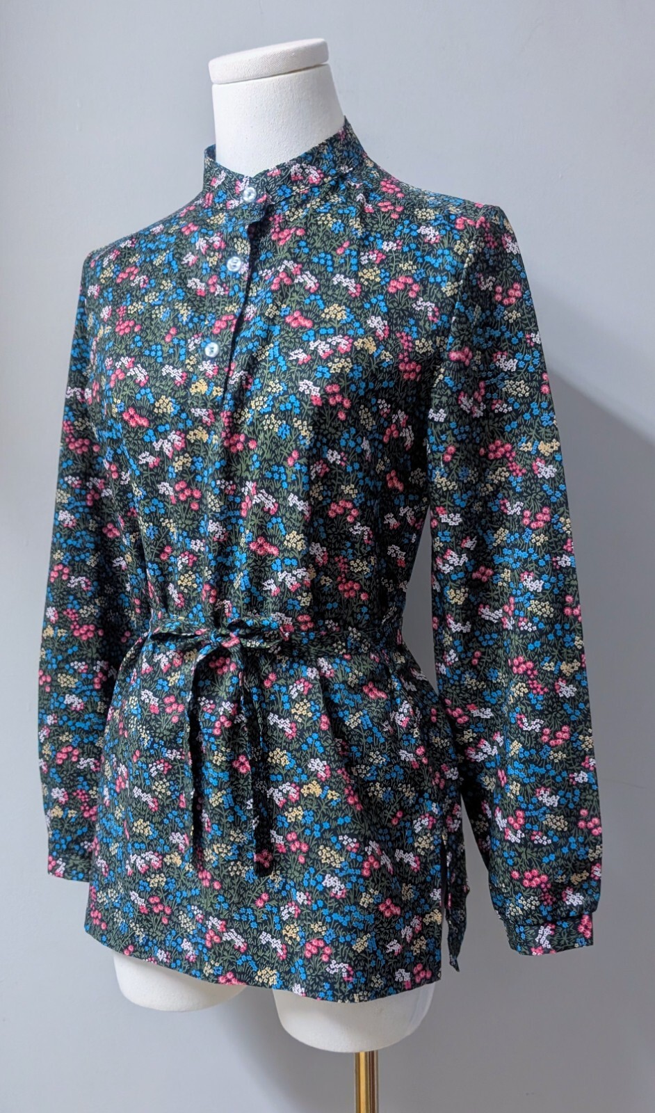Vintage 70’s MOD Floral Tunic Belted Long Sleeve Blouse Hippy S