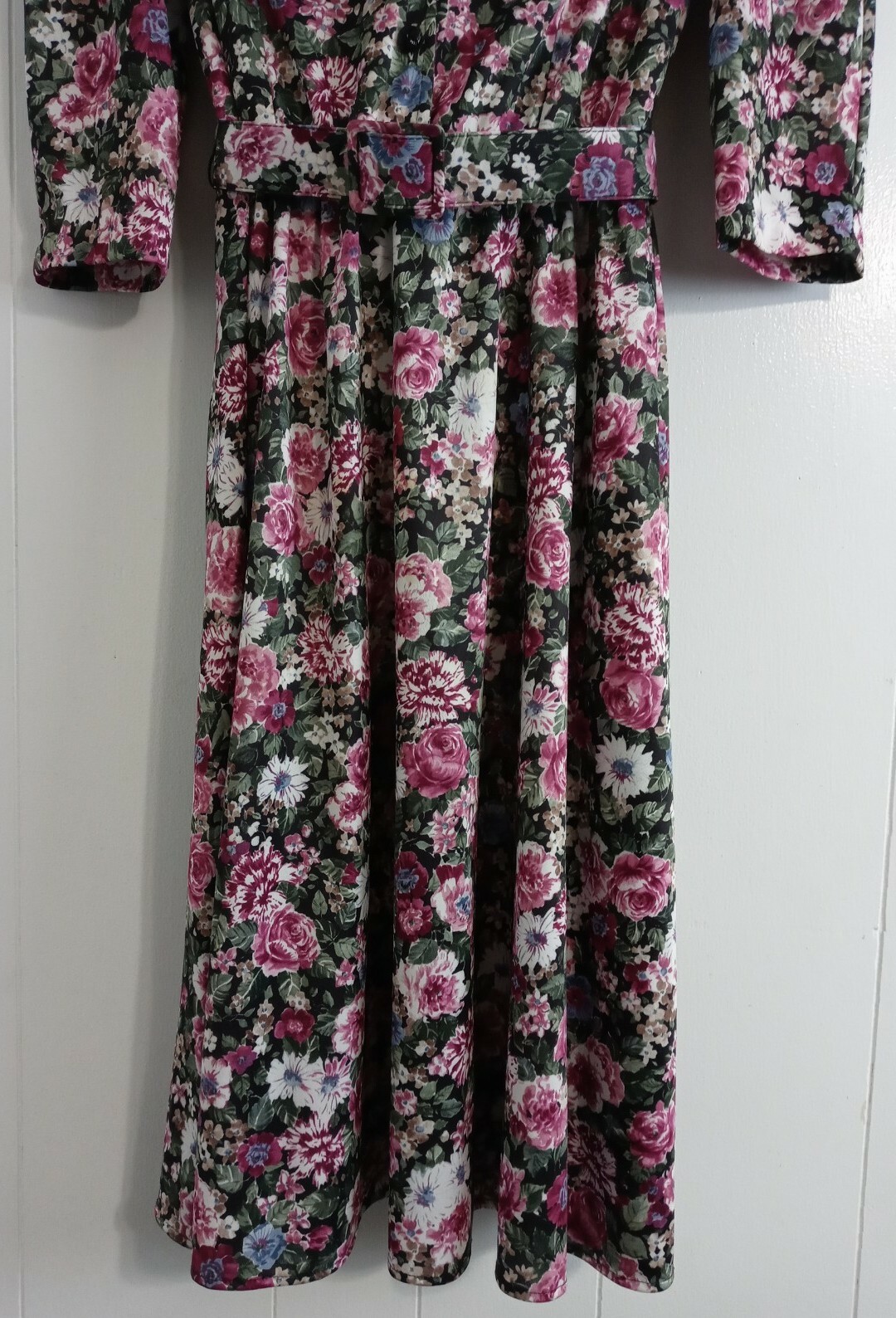 VTG 80s Tabby of California Purple Dark Floral Dress S Puff Sleeve Elastic Waist