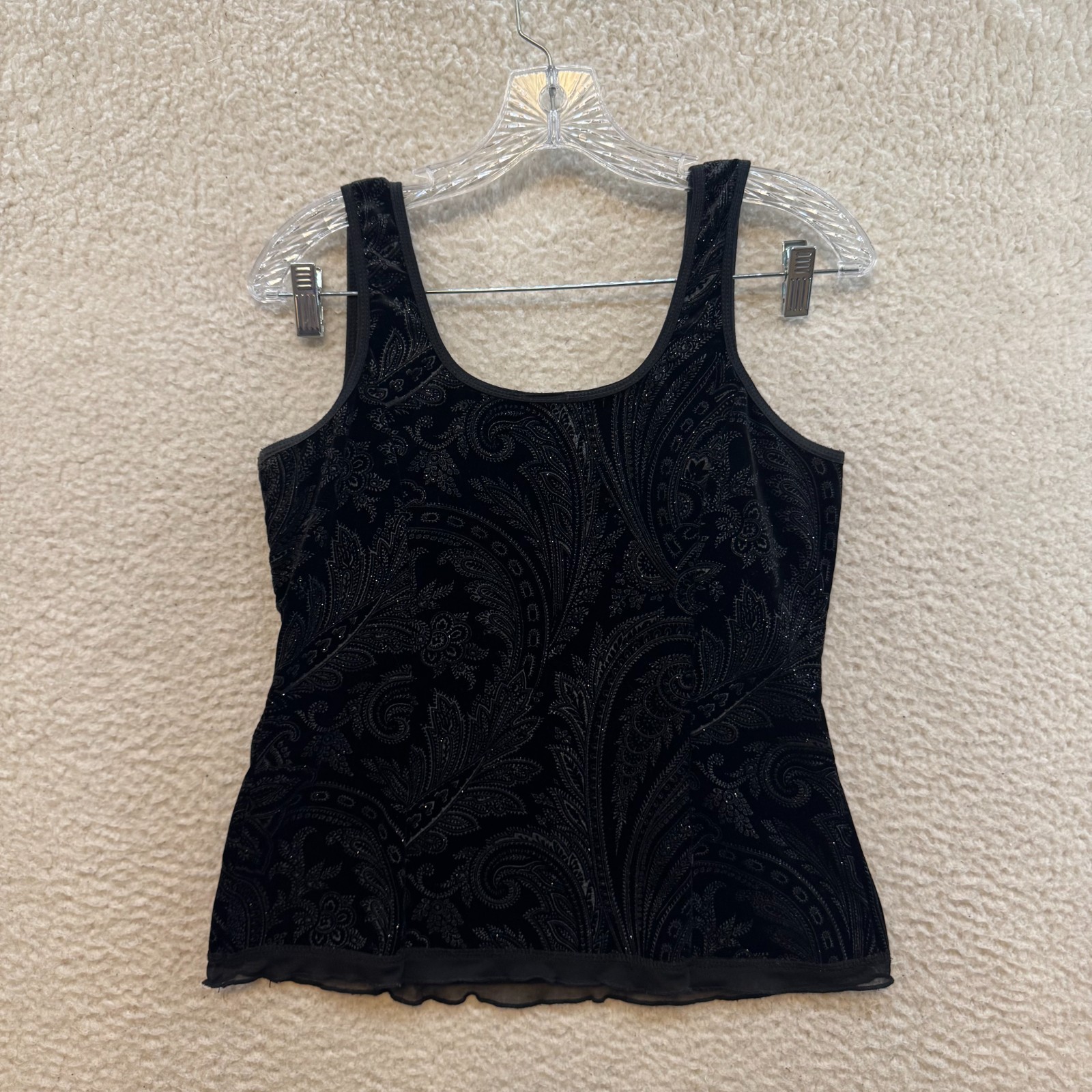 Y2K Vintage Sleeveless Top Large Black Glitter Sparkle Paisley Velvet Cocktail