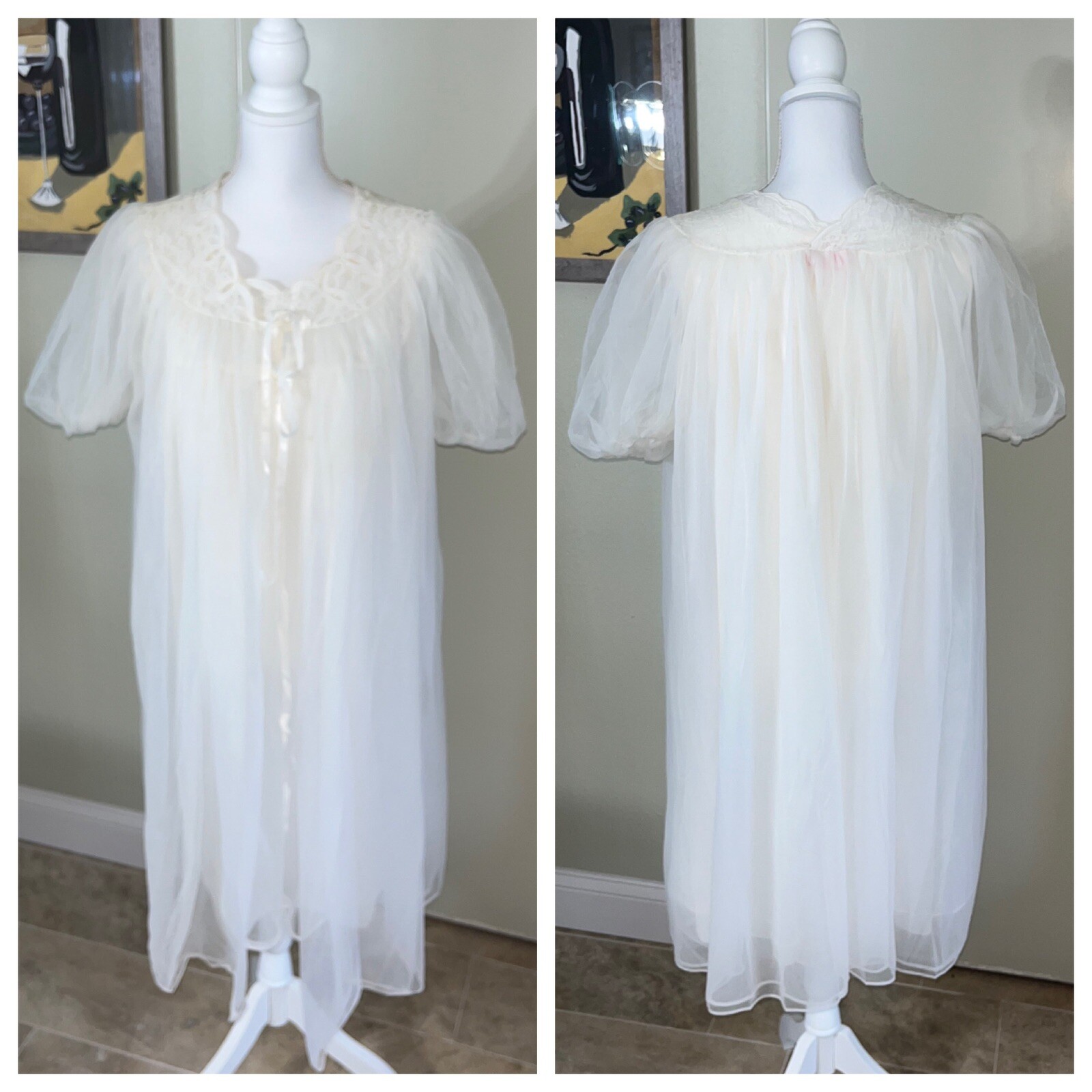 Vintage Avian Peignoir Nightgown And Robe Set White Lace Trim Sheer Small Nylon