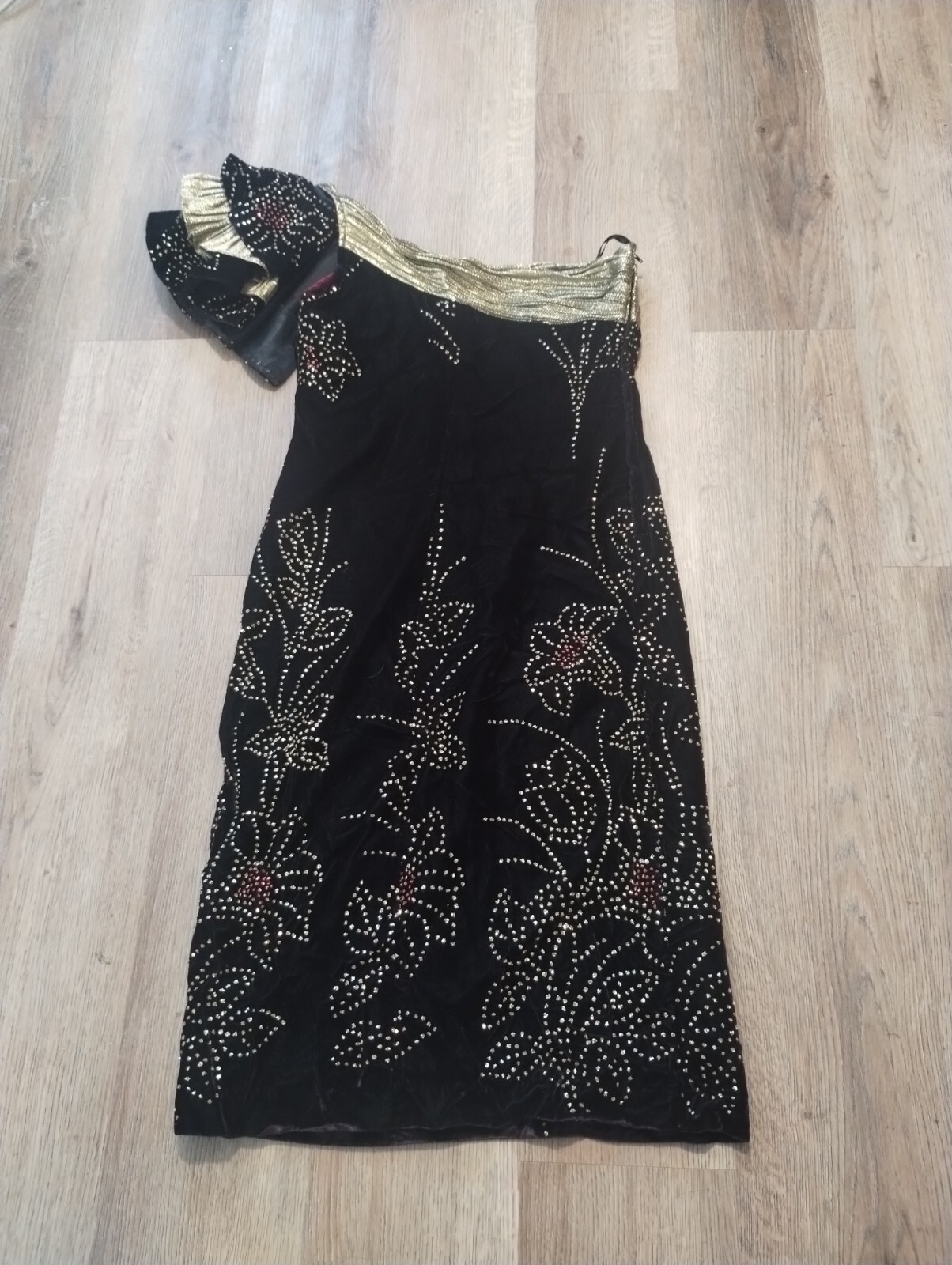 VTG Joy Stevens California Black Velvet Gold Ruffle One Shoulder Dress Size 8