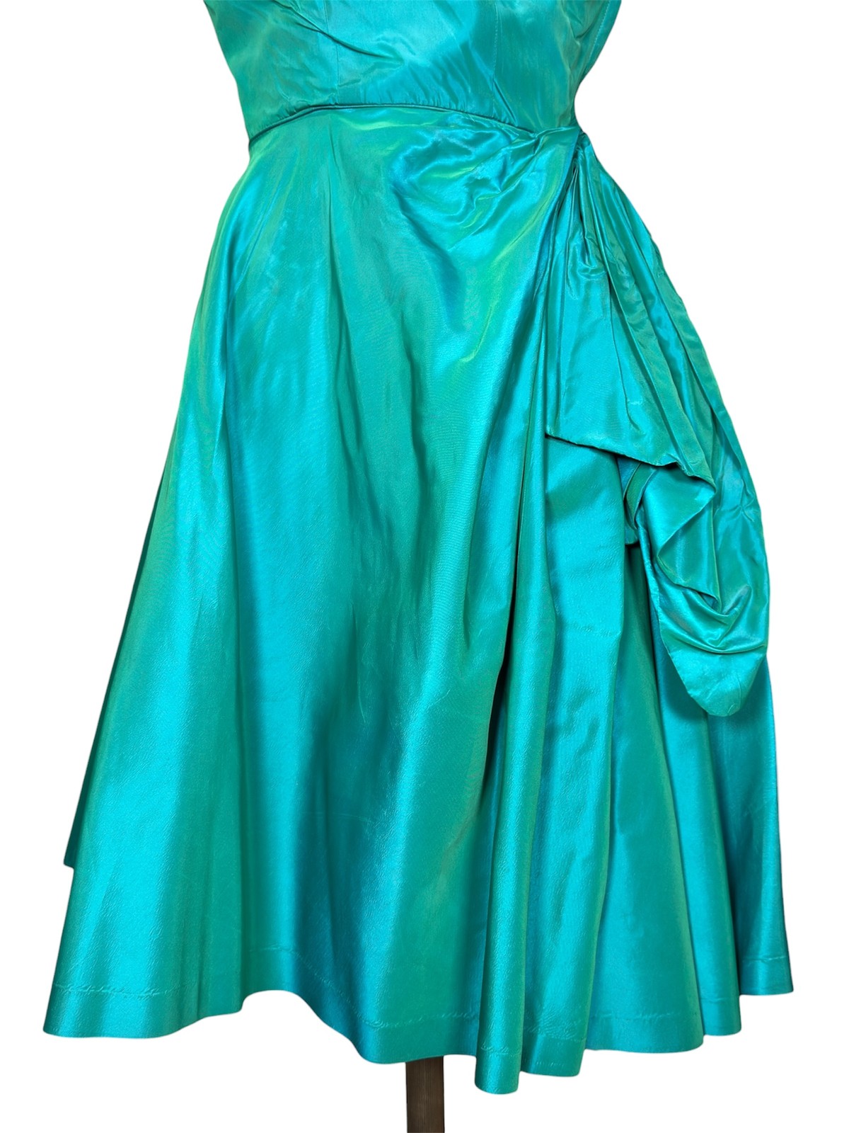 1950s Vintage Fred Perlberg Aqua Satin Cocktail Dress With Beaded Crumb Catcher