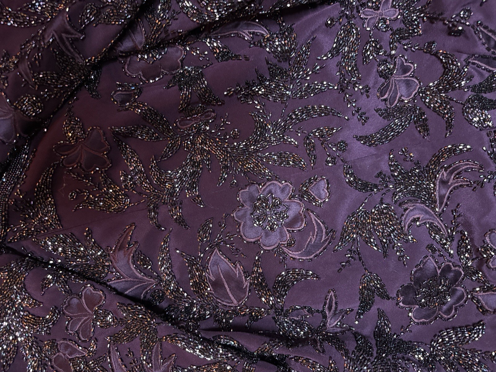 Vintage SZ 16 Silk Beaded Black Tie Oleg Cassini Formal Plum/purple Color Dress