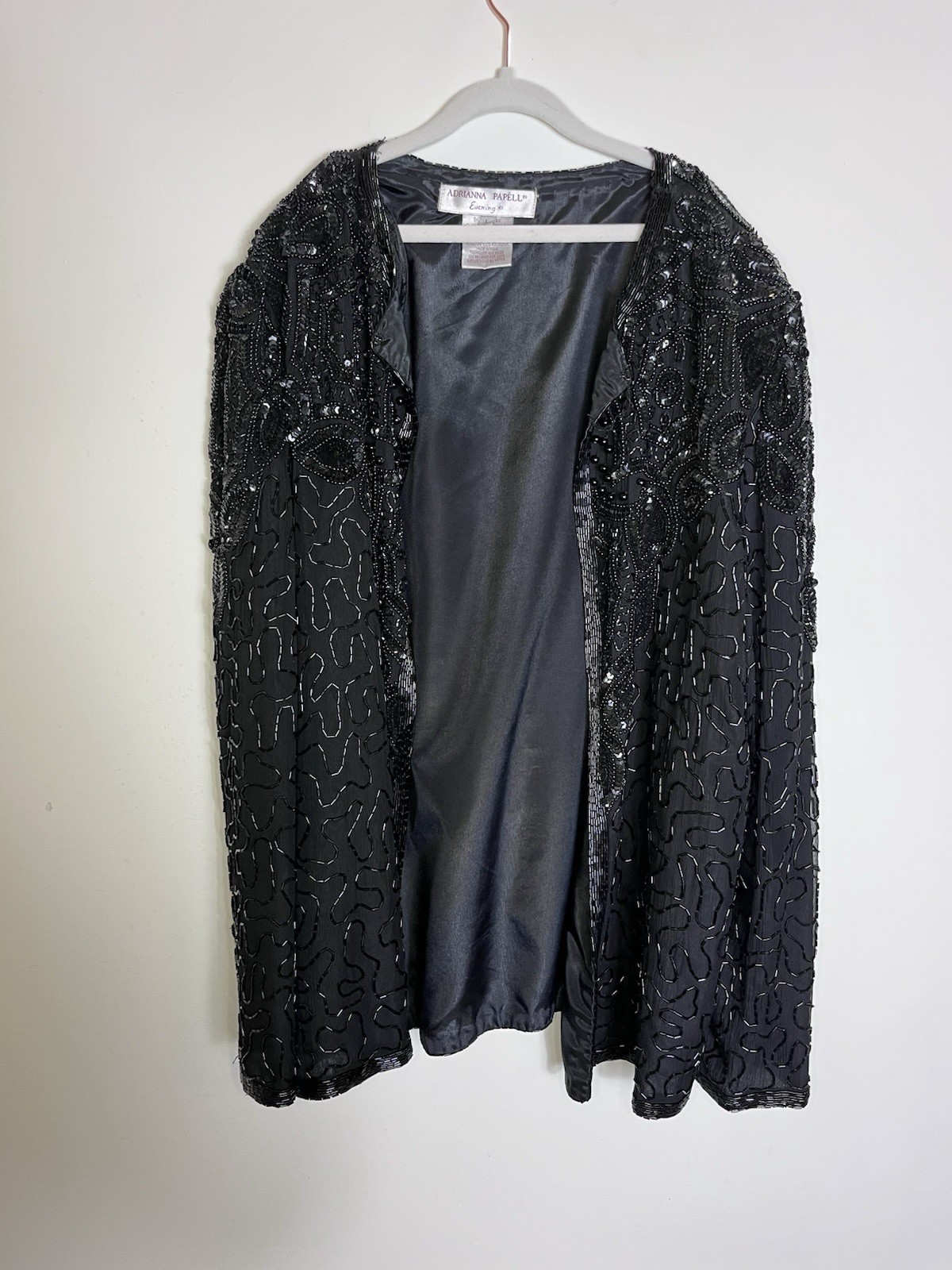 Vintage Adrianna Papell Evening L Black Silk Beaded Jacket Sequins Wedding Party