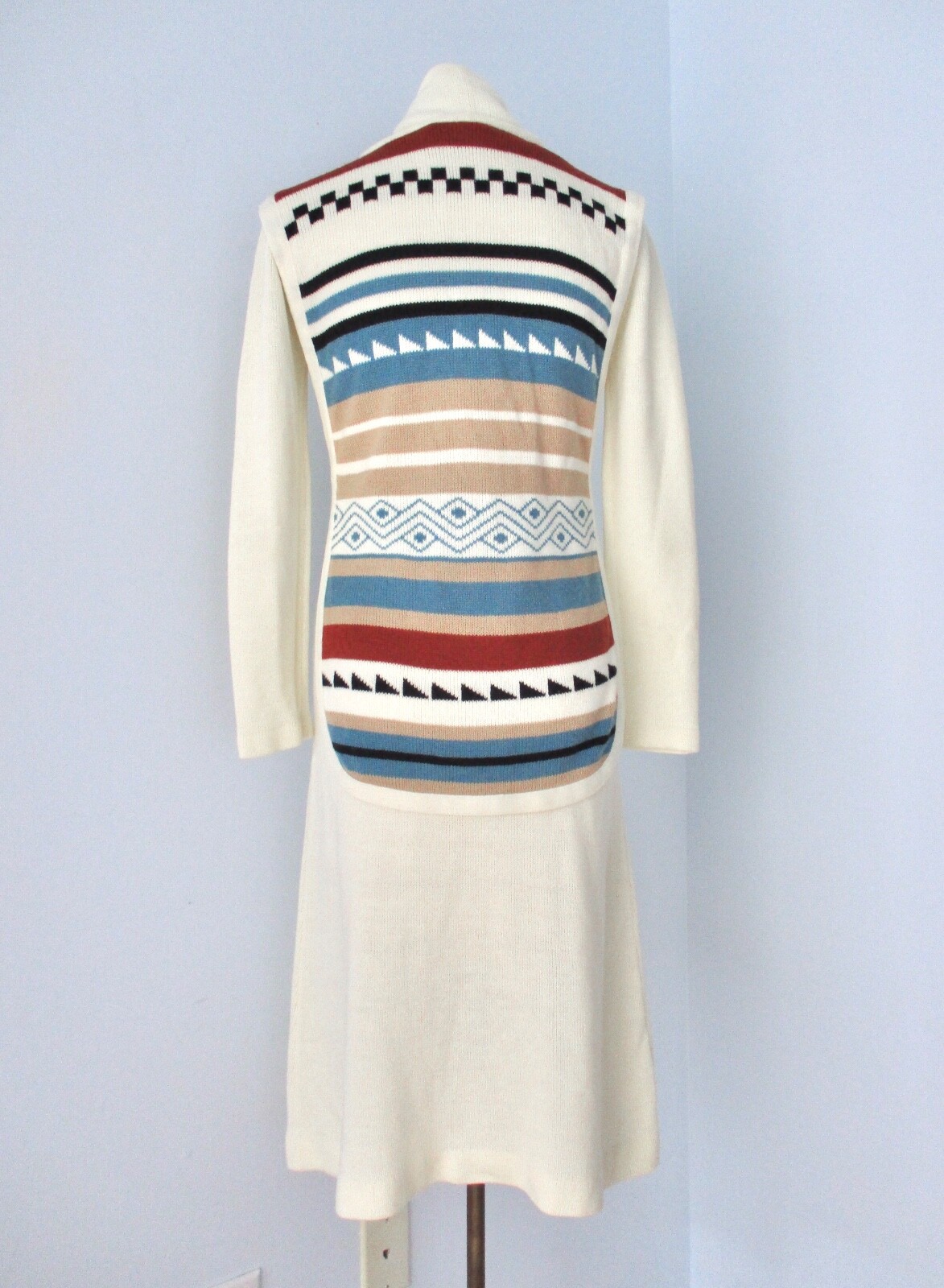 Vtg 70s Ivory 2-Pc Disco Cowl Neck Sweater Dress Blue Tribal Stripe Tunic Vest 8