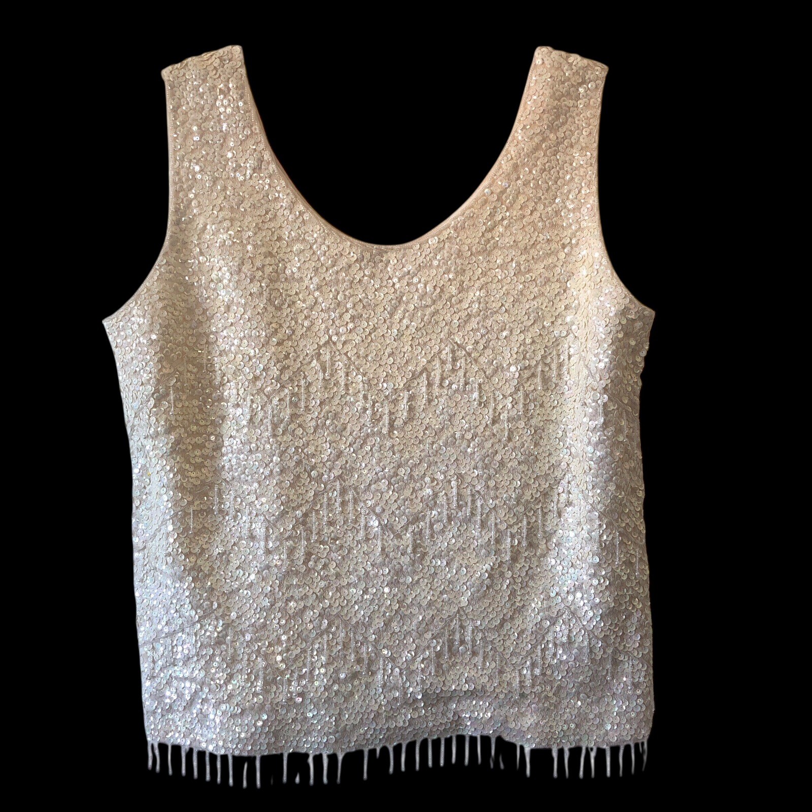 Vtg 60s Cream Beaded Sequin Sleeveless Shell Top Fringe Wool Iridescent Size 42