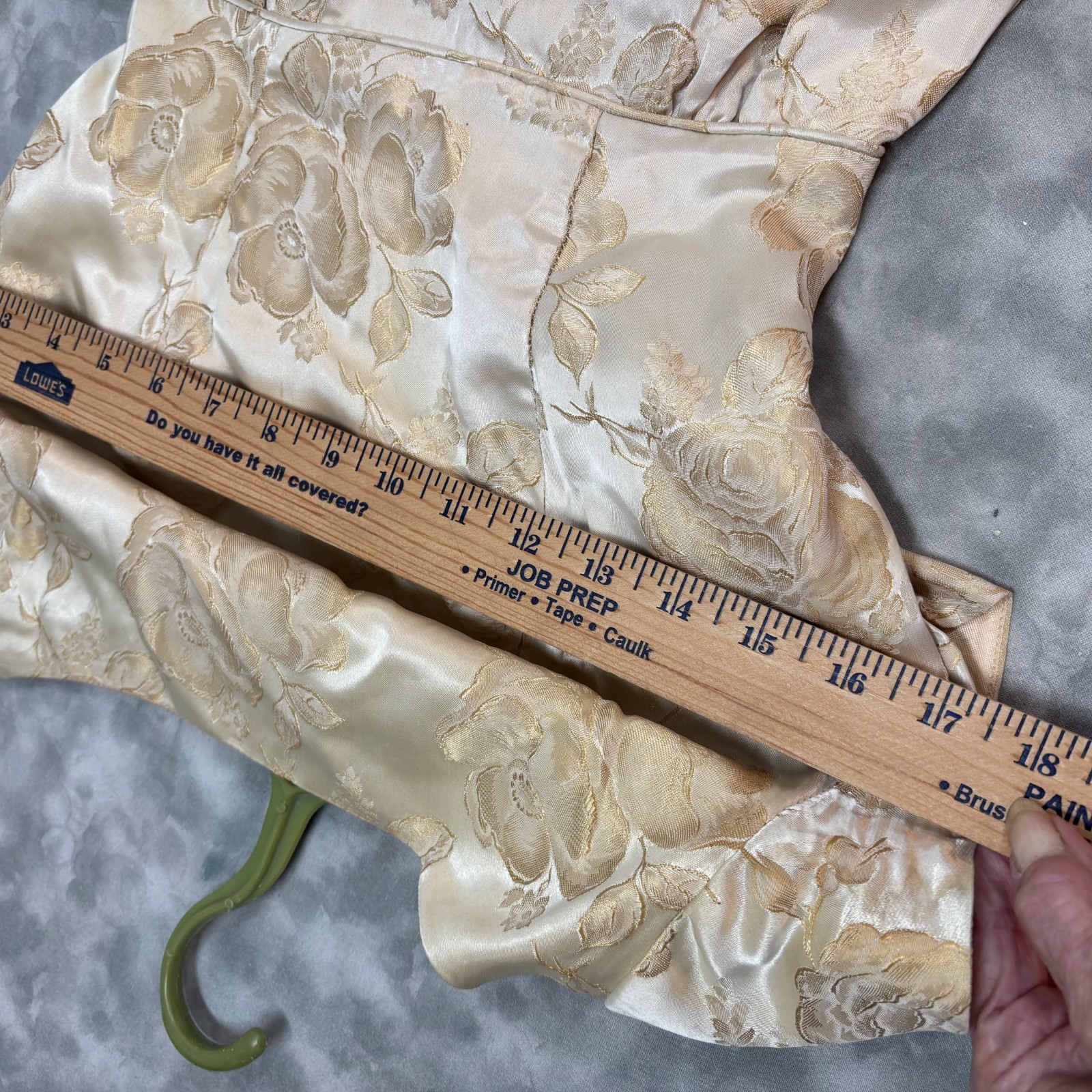 1950s Vtg Satin Brocade Formal Gown XS Champagne Rosette Waist Hand Made