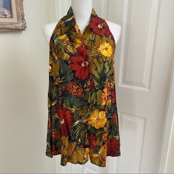 Vintage ’90’s French Connection Tropical Floral Swing Collared Top Sz Med Summer