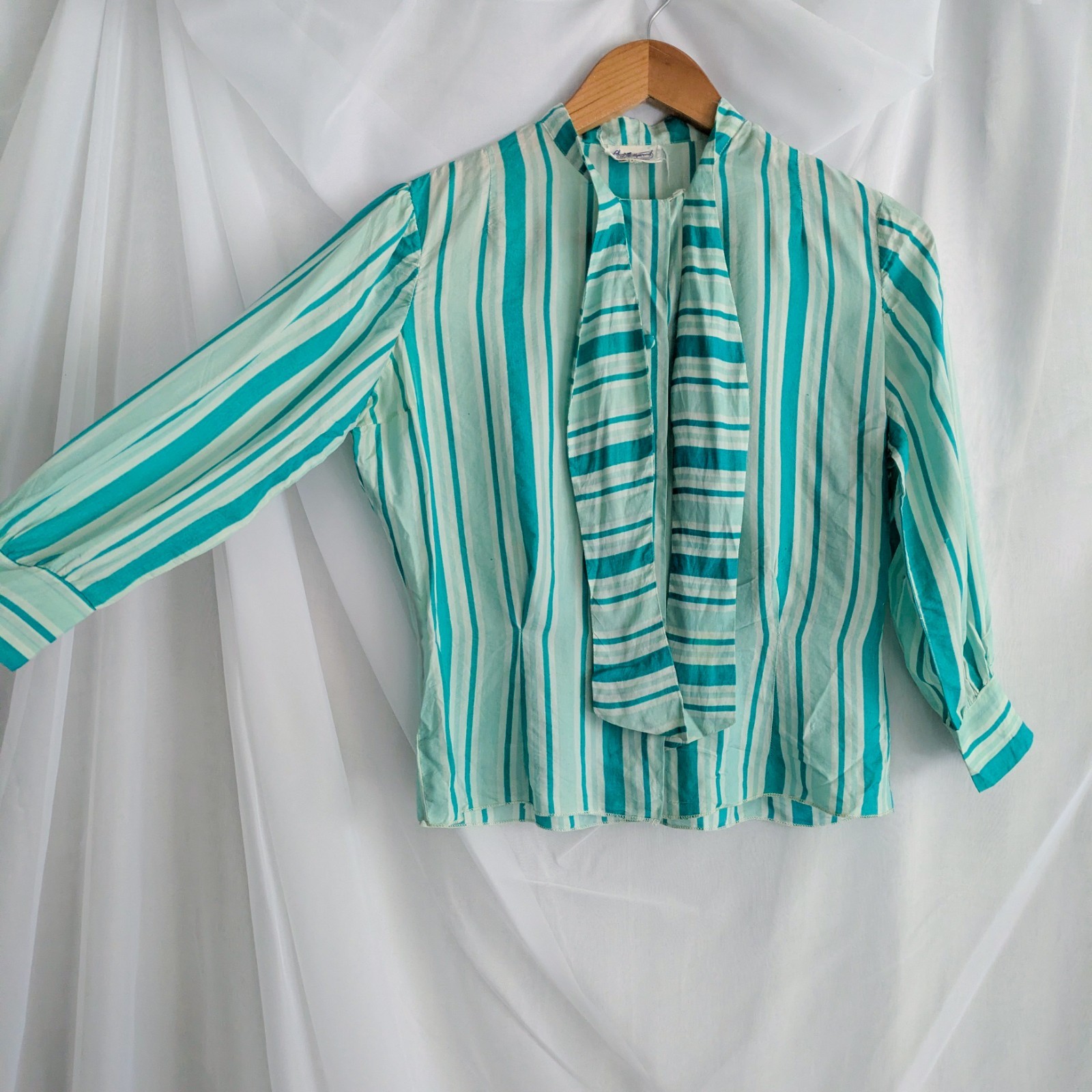 Vintage 60s/70s Blue StripedSecretary Blouse By Charm Of Hollywood, Small/Med