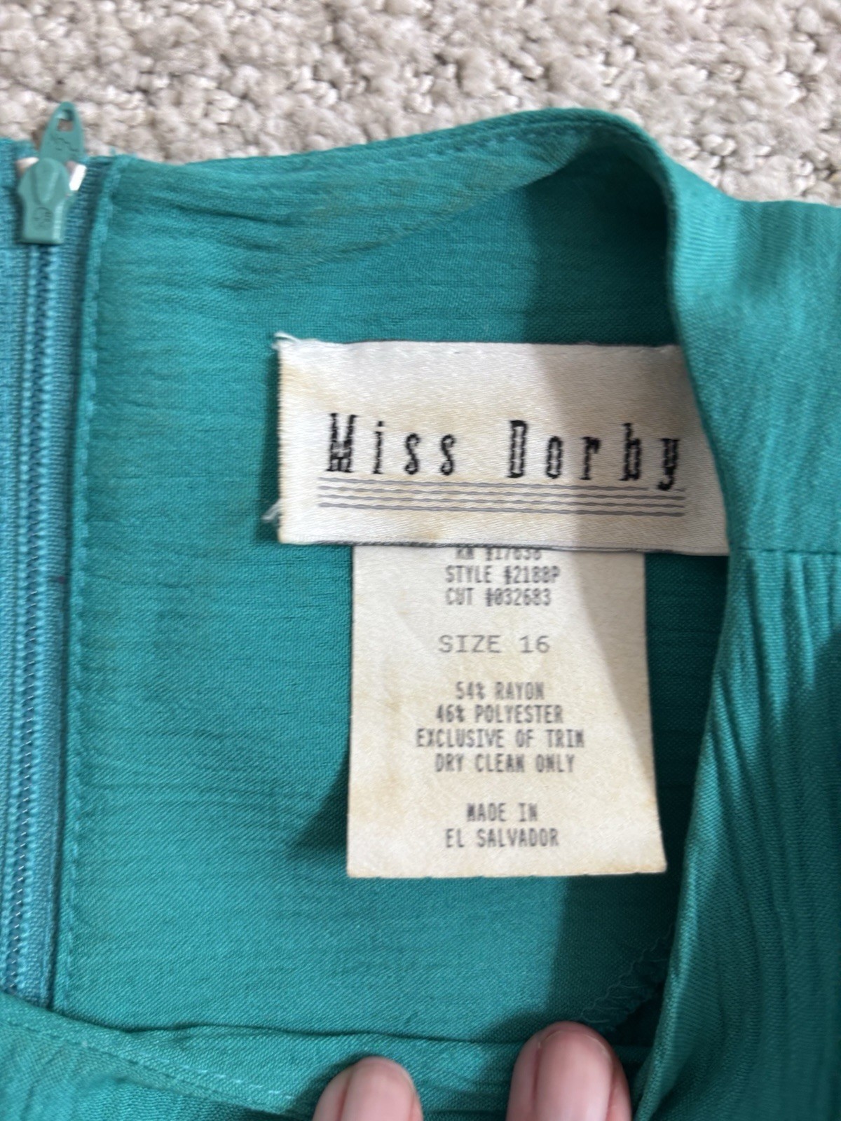 VTG 90s Miss Dorby Teal Dress 16 Career Midi Crinkle Rayon Faux Vest Cottagecore