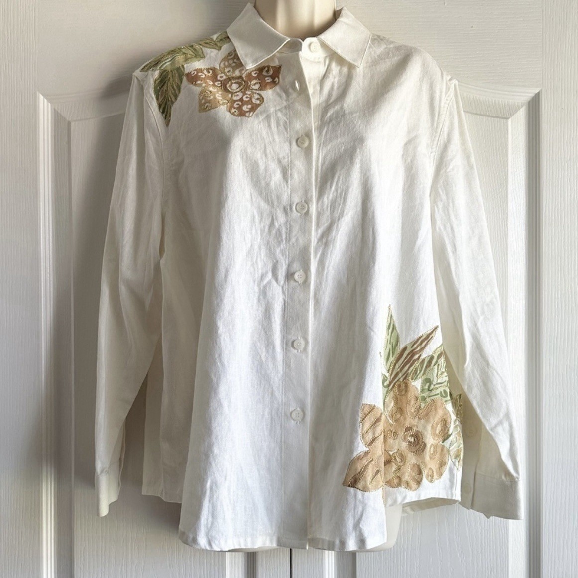 Floral White Linen Button Up Shirt L Petite Lagenlook NWT Vintage