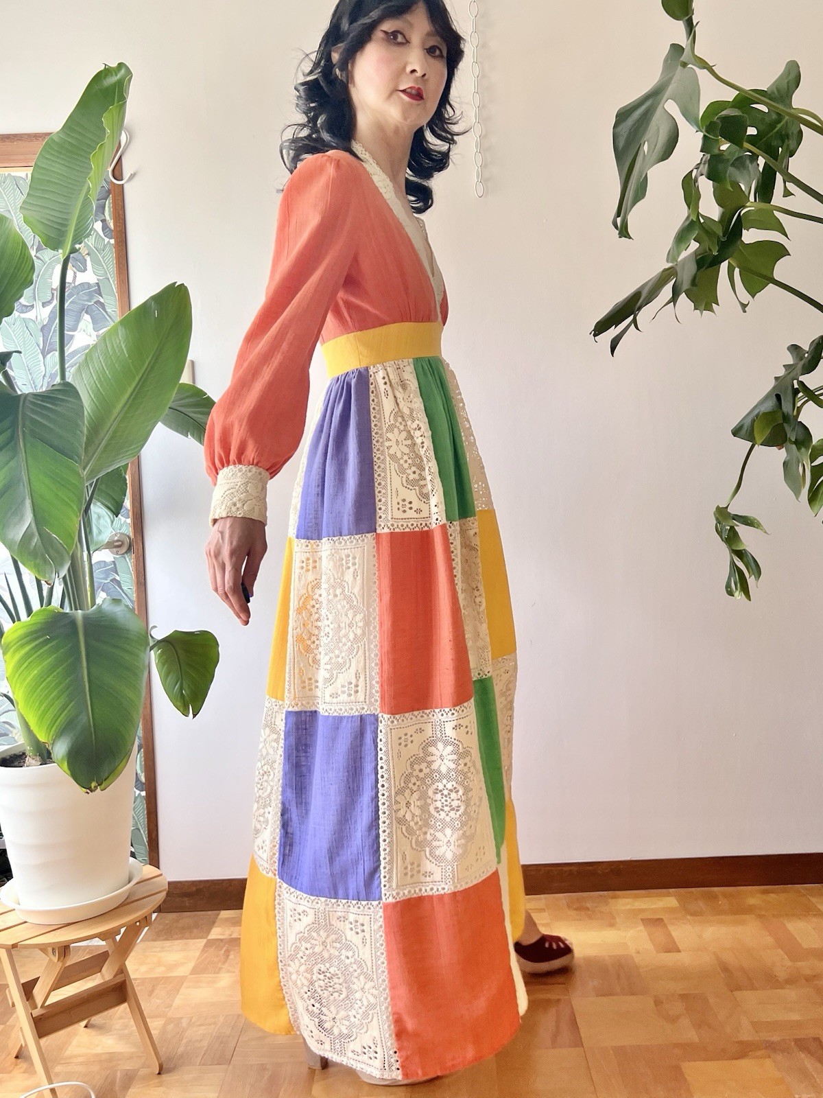 70s Jonathan Logan Patchwork Color Block Cotton Gauze & Lace Prairie Maxi Dress