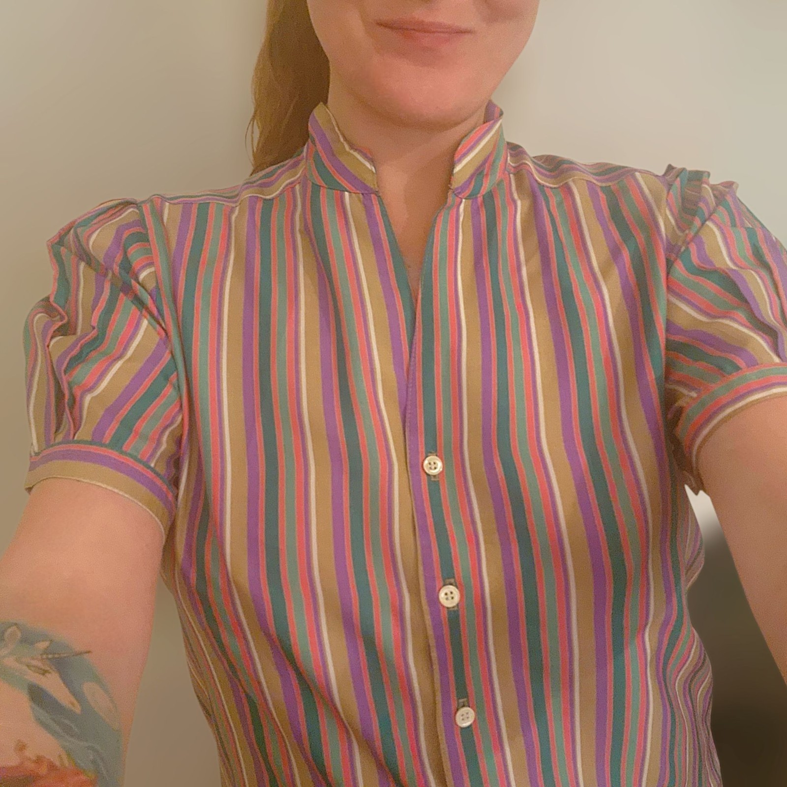 Womens Vintage Shirt Colorful Bright Rainbow Striped Blouse Size M-L Funky Retro