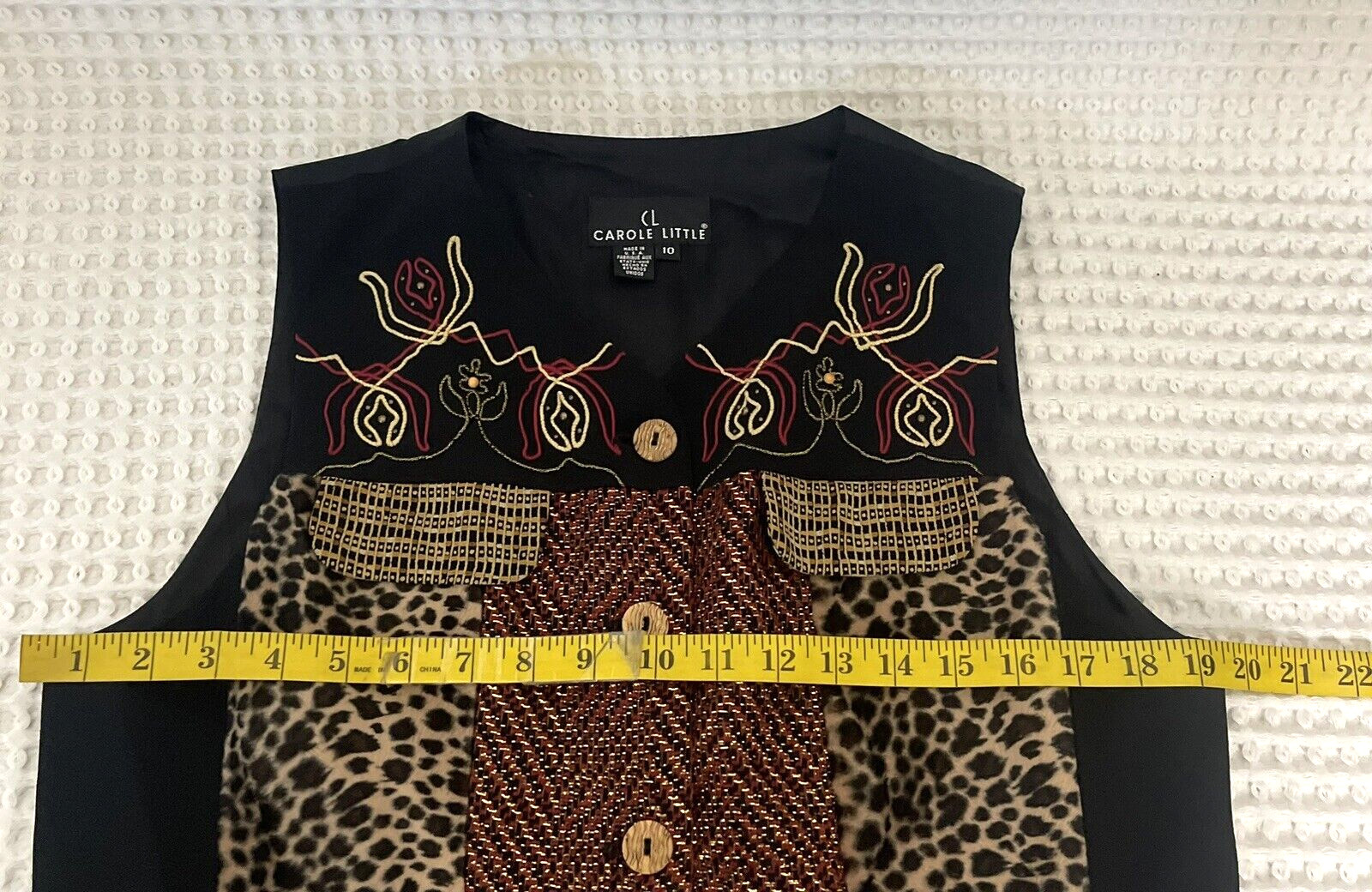 Carole Little Colorful Embroidery Animal Print Wooden Front Button Vest Sz10 VTG