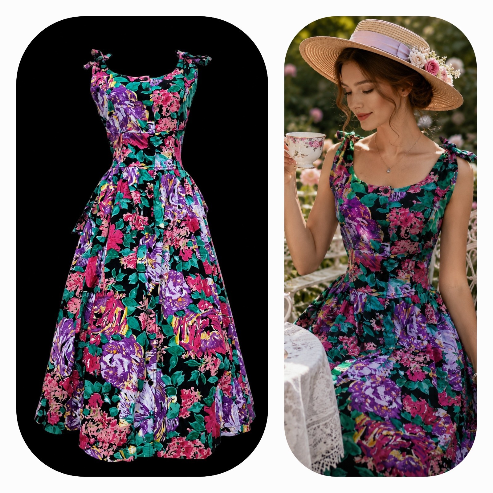 VTG 80s Floral Dress Tie Shoulder Midi Full Skirt Button Front Tea Garden