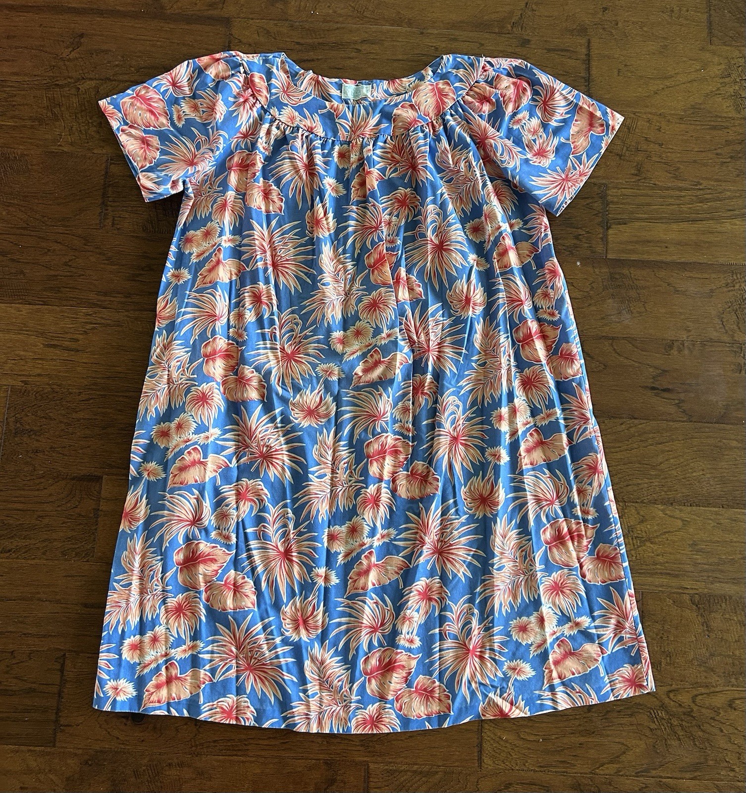 Vintage Sears MuuMuu Mumu Colorful Blue, Pink, White Hawaiian House Dress Womens